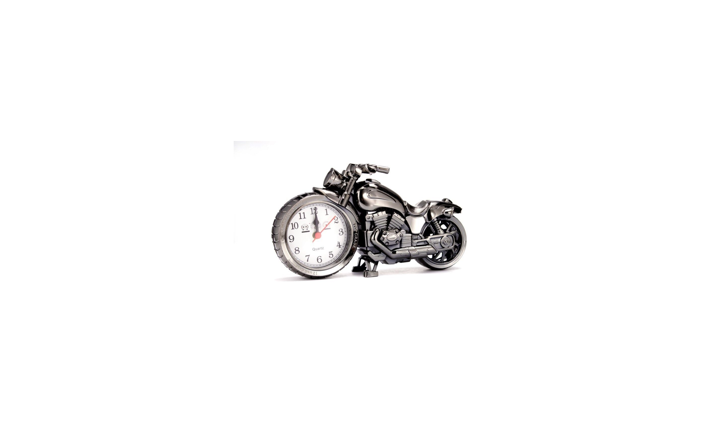 Silberner Motorrad-Schlüsselanhänger mit Uhr auf weißem Hintergrund.
