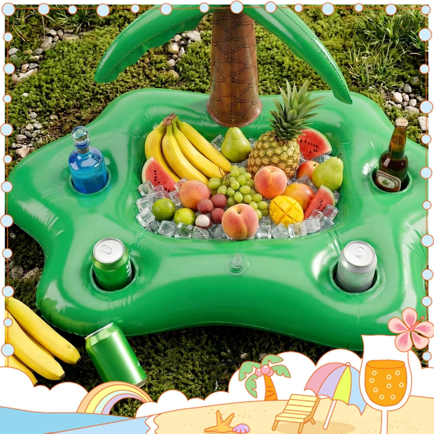 Grüner aufblasbarer Tisch mit Früchten, Eis und Getränken auf Kunstrasen.