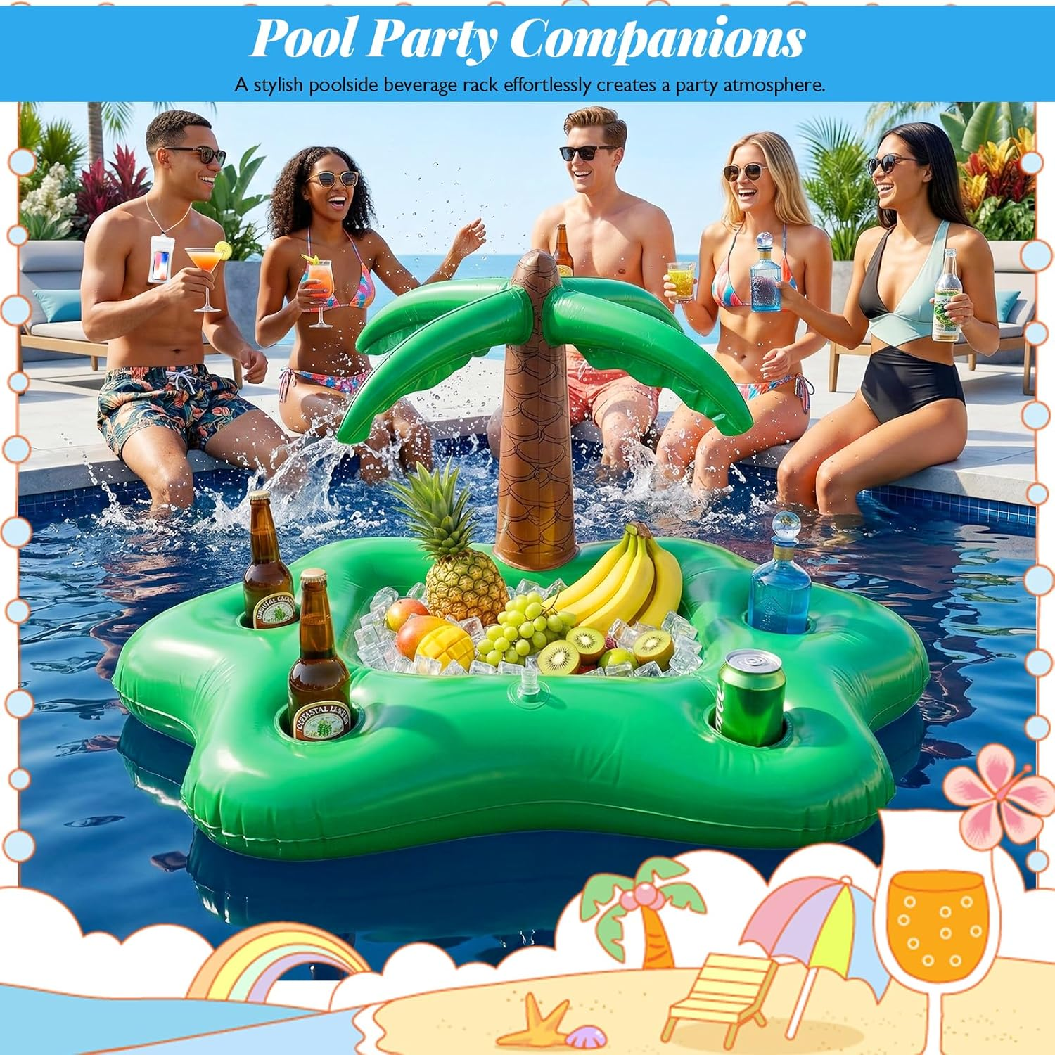 Aufblasbarer Pool-Getränkehalter mit Früchten, Eis und Getränken, daneben Personen im Pool.