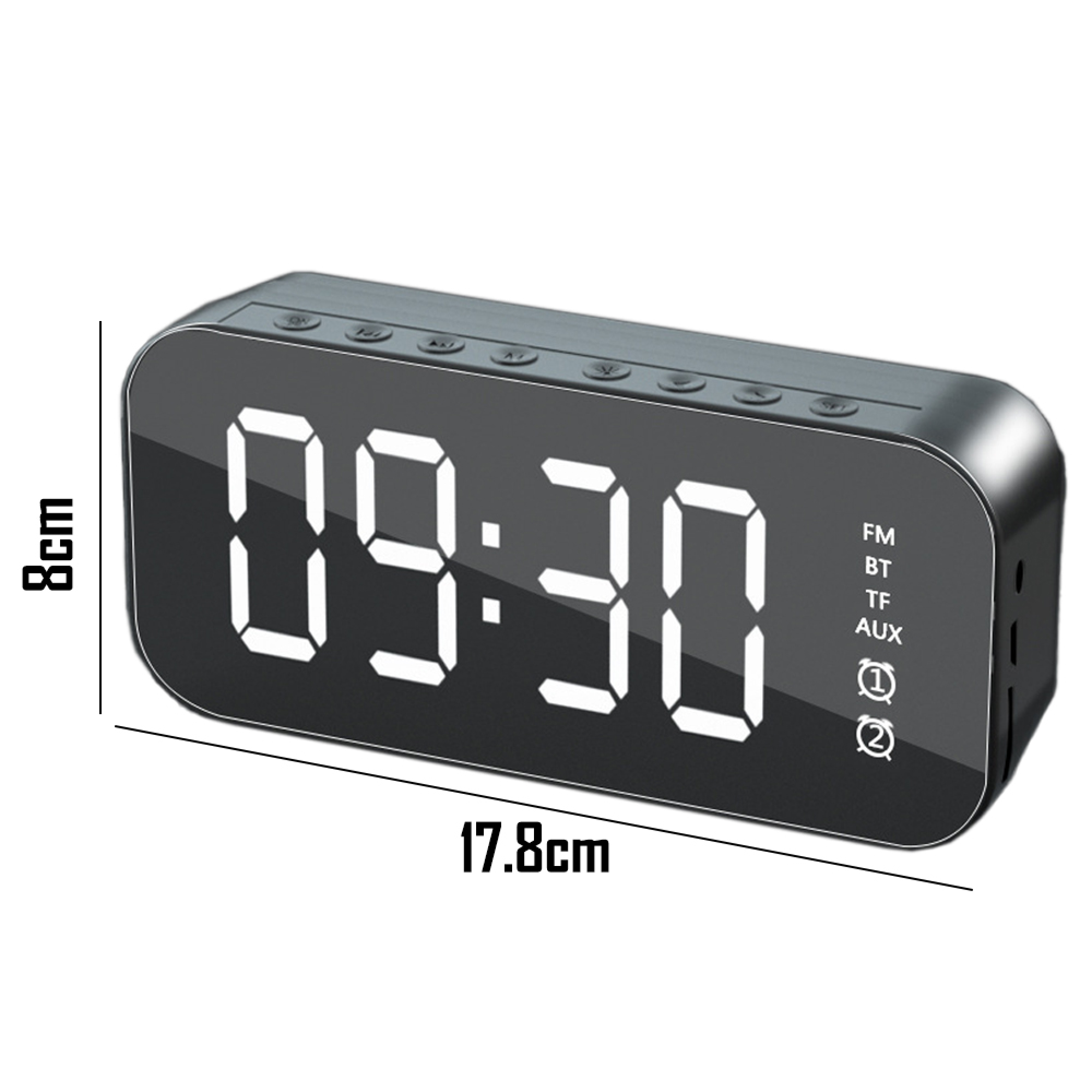 Ein schwarzer digitaler Wecker mit heller Anzeige, 8 cm hoch und 17,8 cm lang.