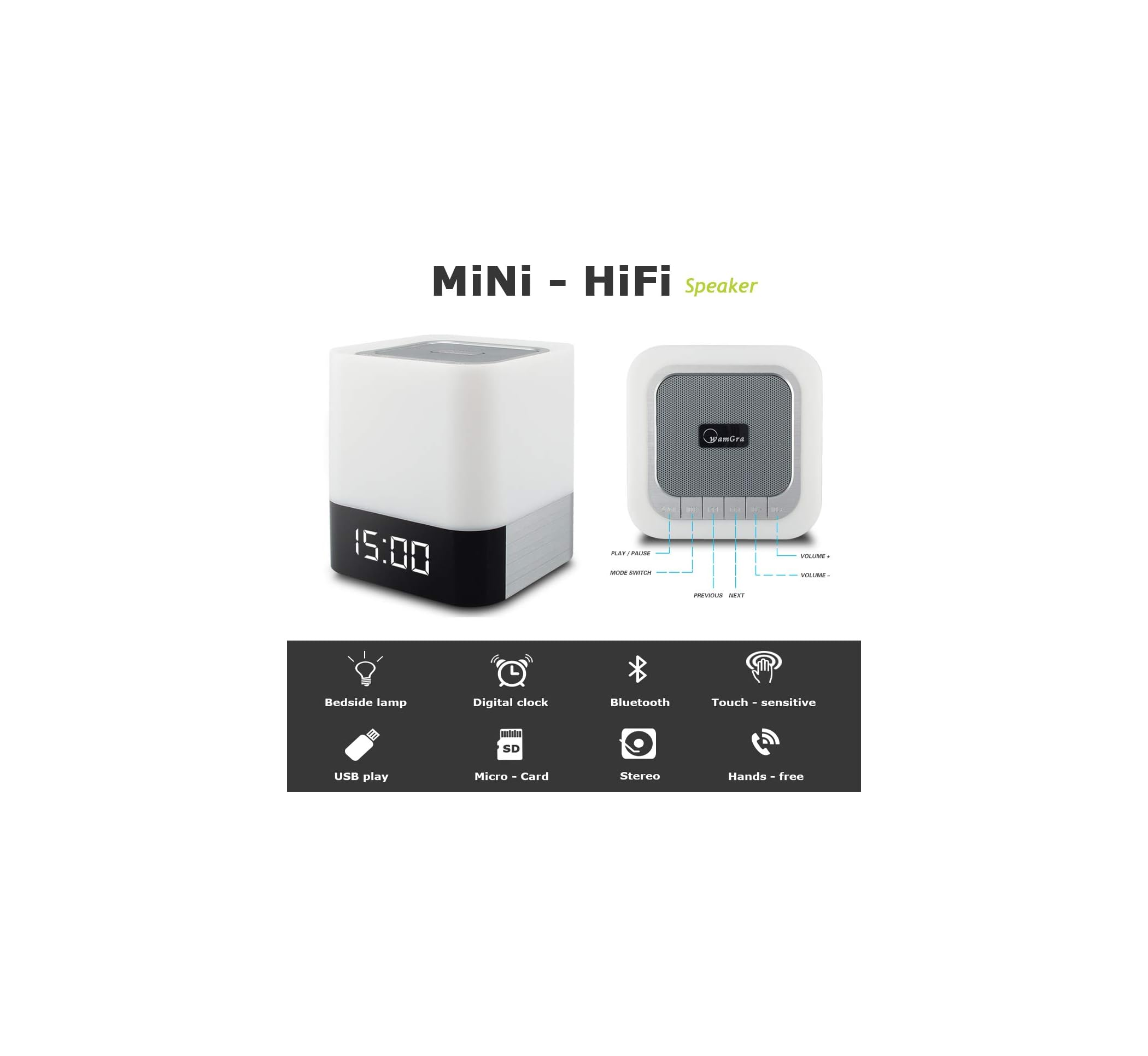 Mini-Hi-Fi-Lautsprecher mit Uhr, Nachttischlampe, USB, SD-Karte, Bluetooth, Freisprech.