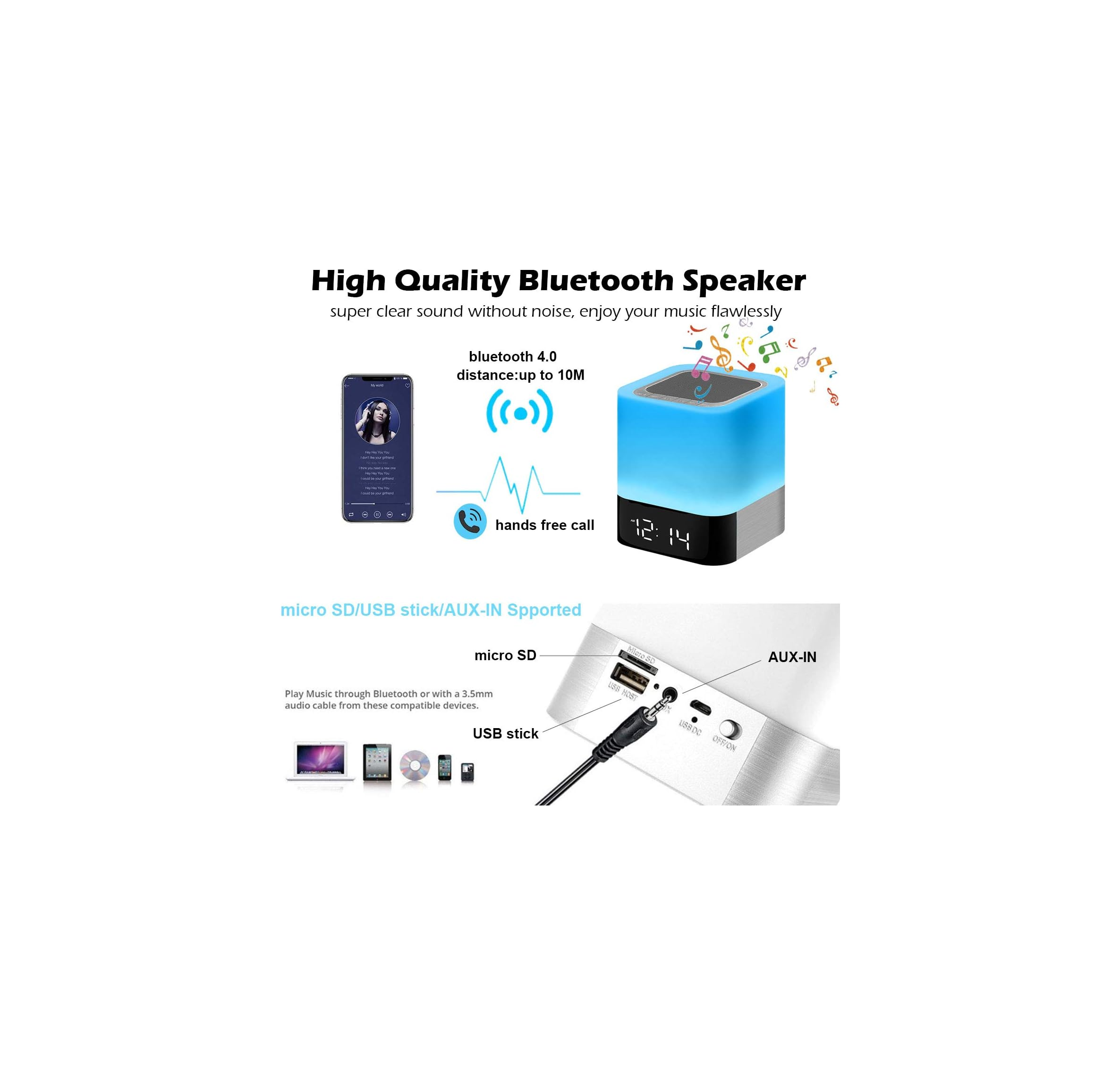 Ein blauer Bluetooth-Lautsprecher mit Uhr und Musiknoten. Daneben Handy, Smartphone, Laptop und CD.