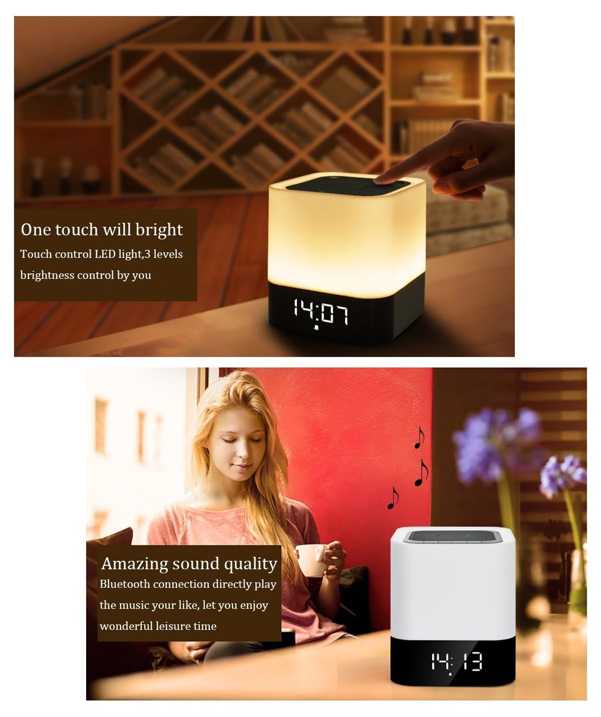 Ein Nachttischlicht mit Uhrzeit und ein junges Mädchen mit einer Tasse.