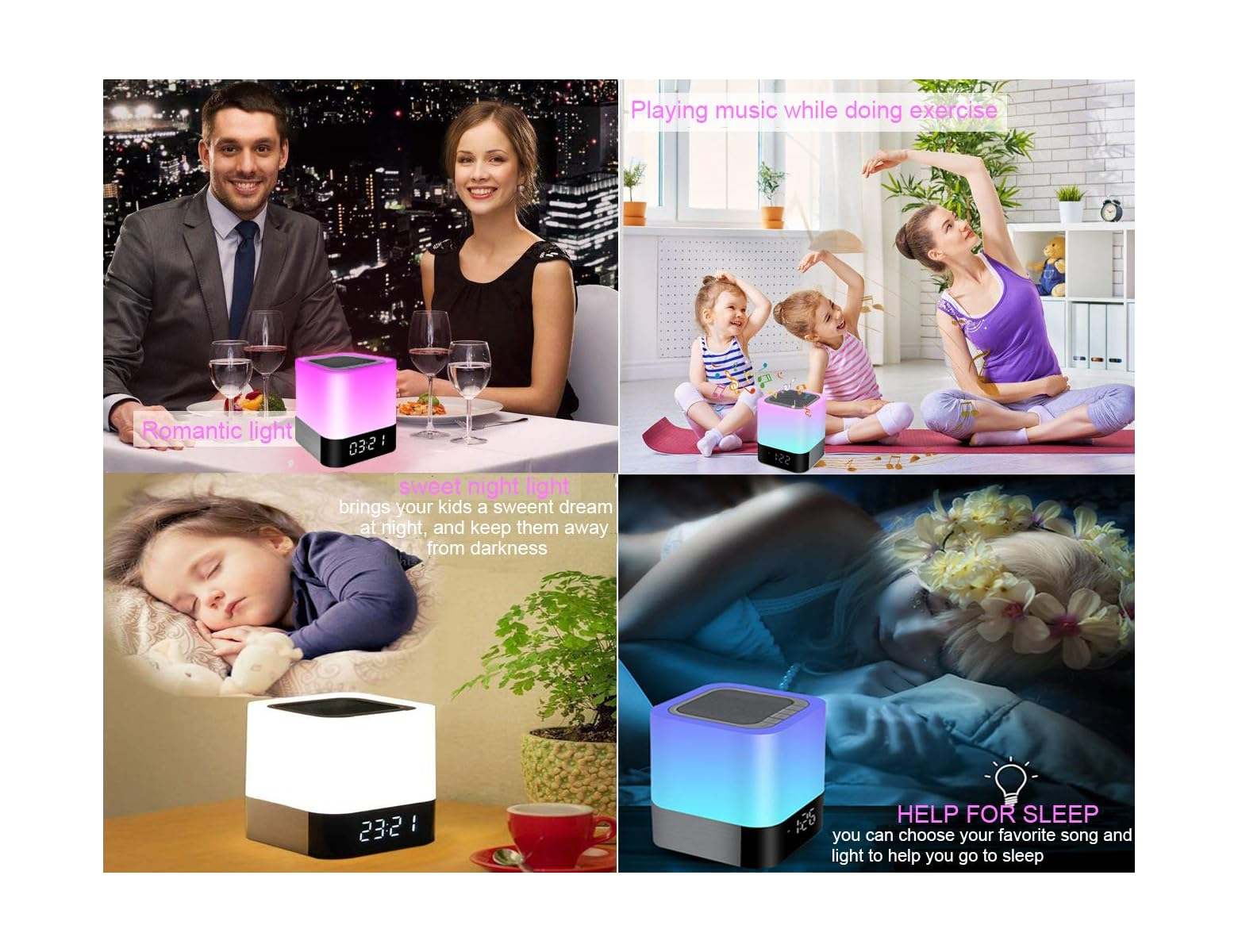 Vier Szenen zeigen eine Lampe: romantisches Abendessen, Yoga, schlafendes Kind, Frau schläft.