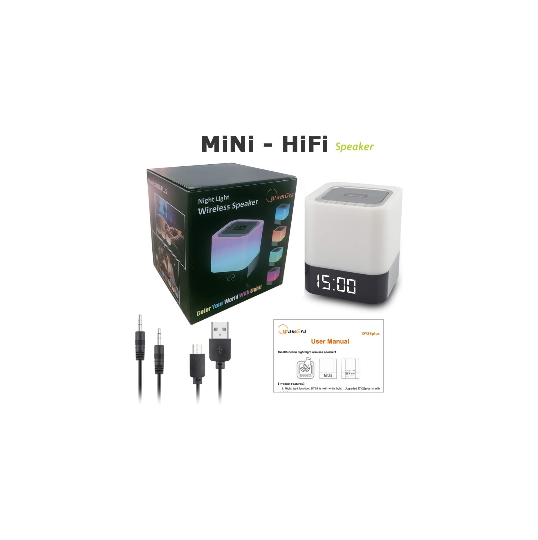 Ein Mini-HiFi-Lautsprecher mit Nachtlichtfunktion und Uhrzeit, inklusive Kabeln.