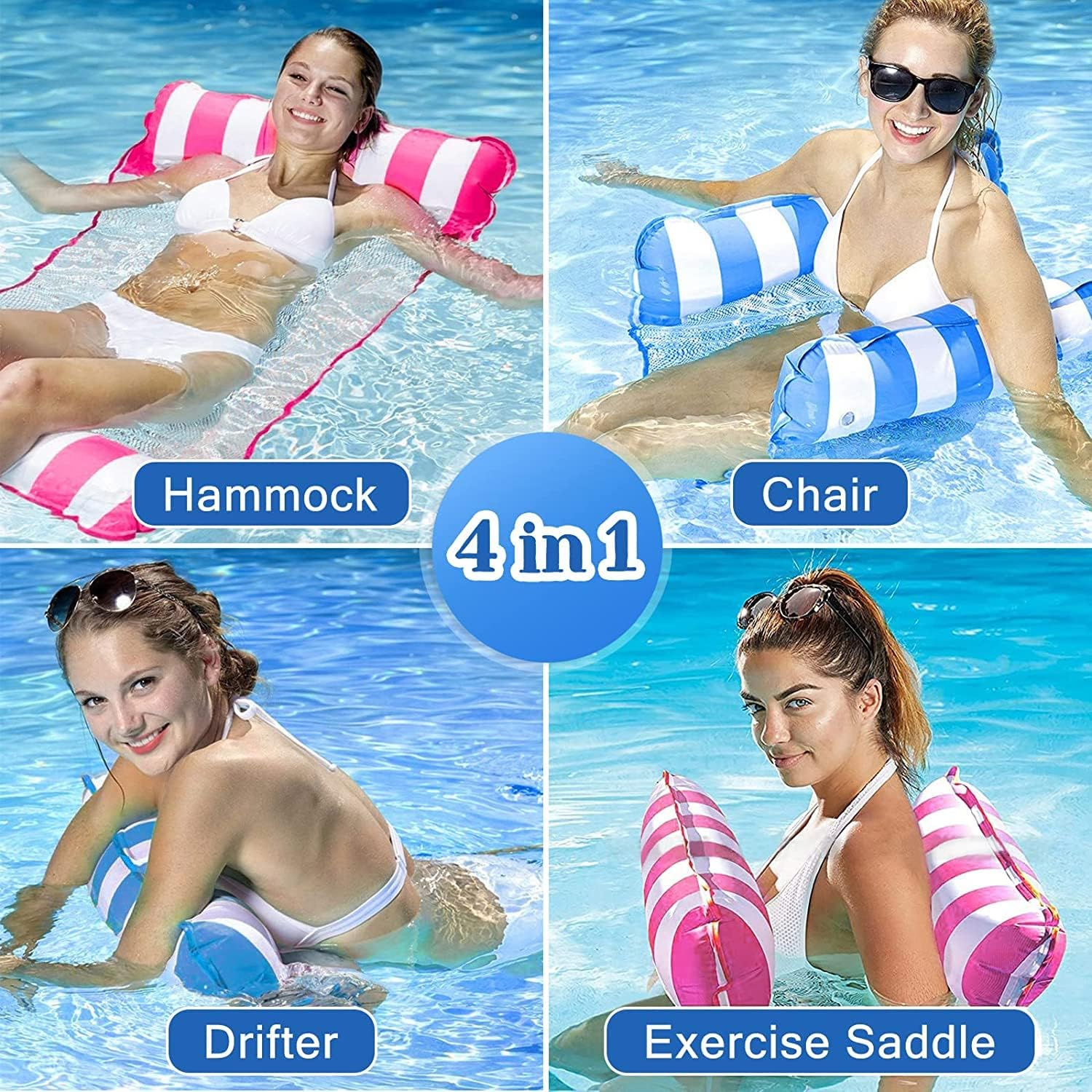 Vier aufblasbare Poolschwimmhilfen: Hängematte, Stuhl, Drifter, Sattel.