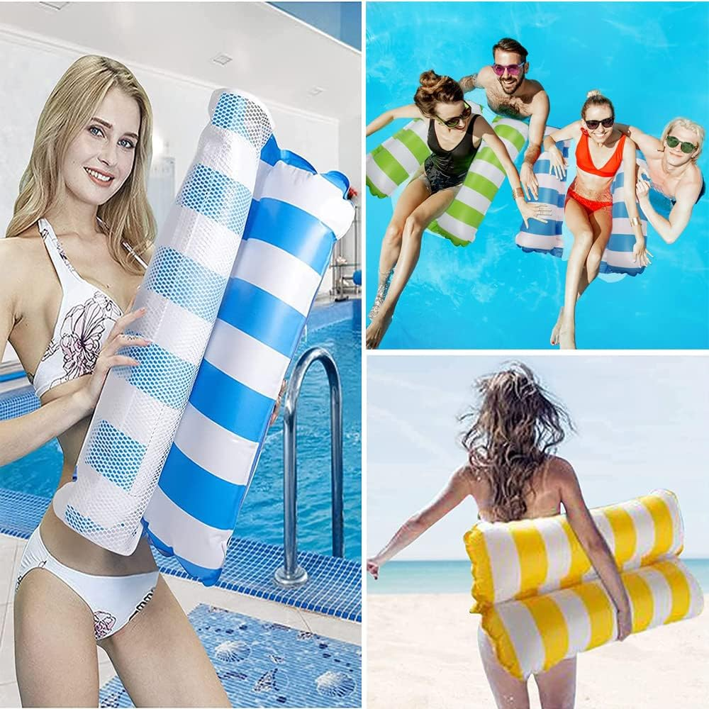 Collage von Menschen im Pool und am Strand mit aufblasbaren Schwimmhilfen.