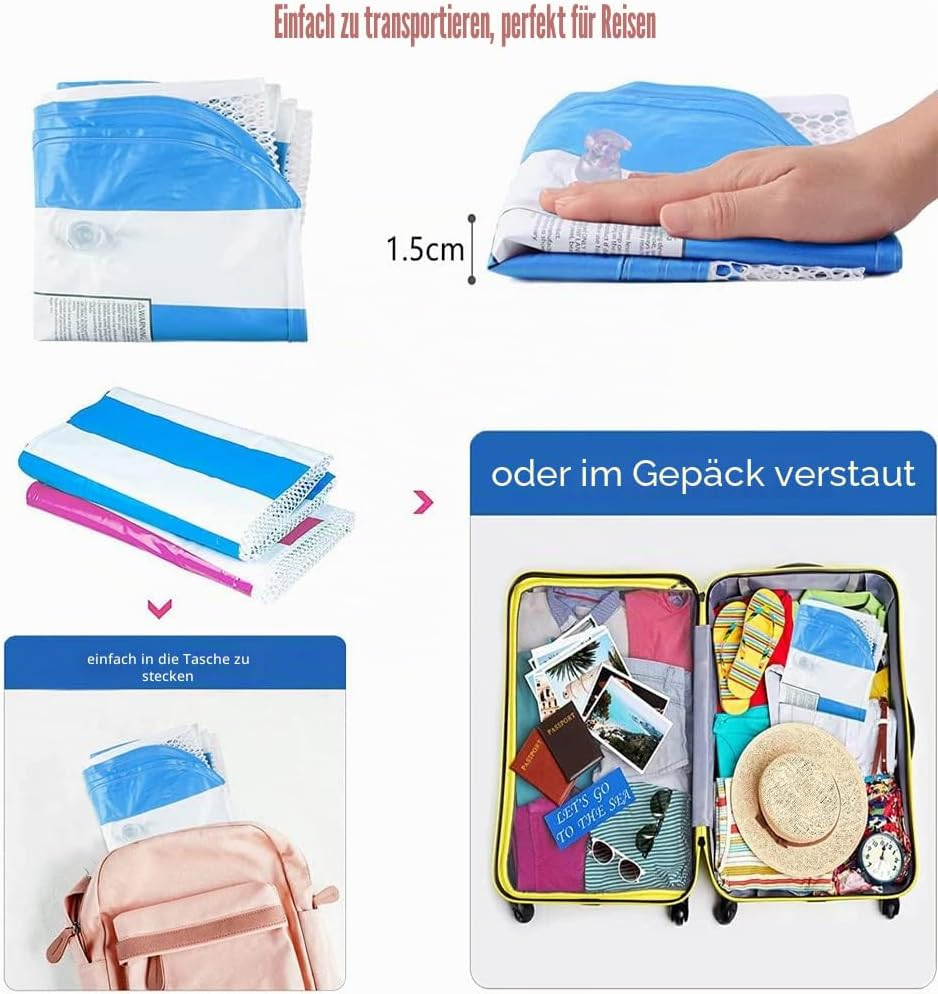 Ein faltbarer, blau-weißer Gegenstand wird in einen Rucksack und Koffer gepackt.