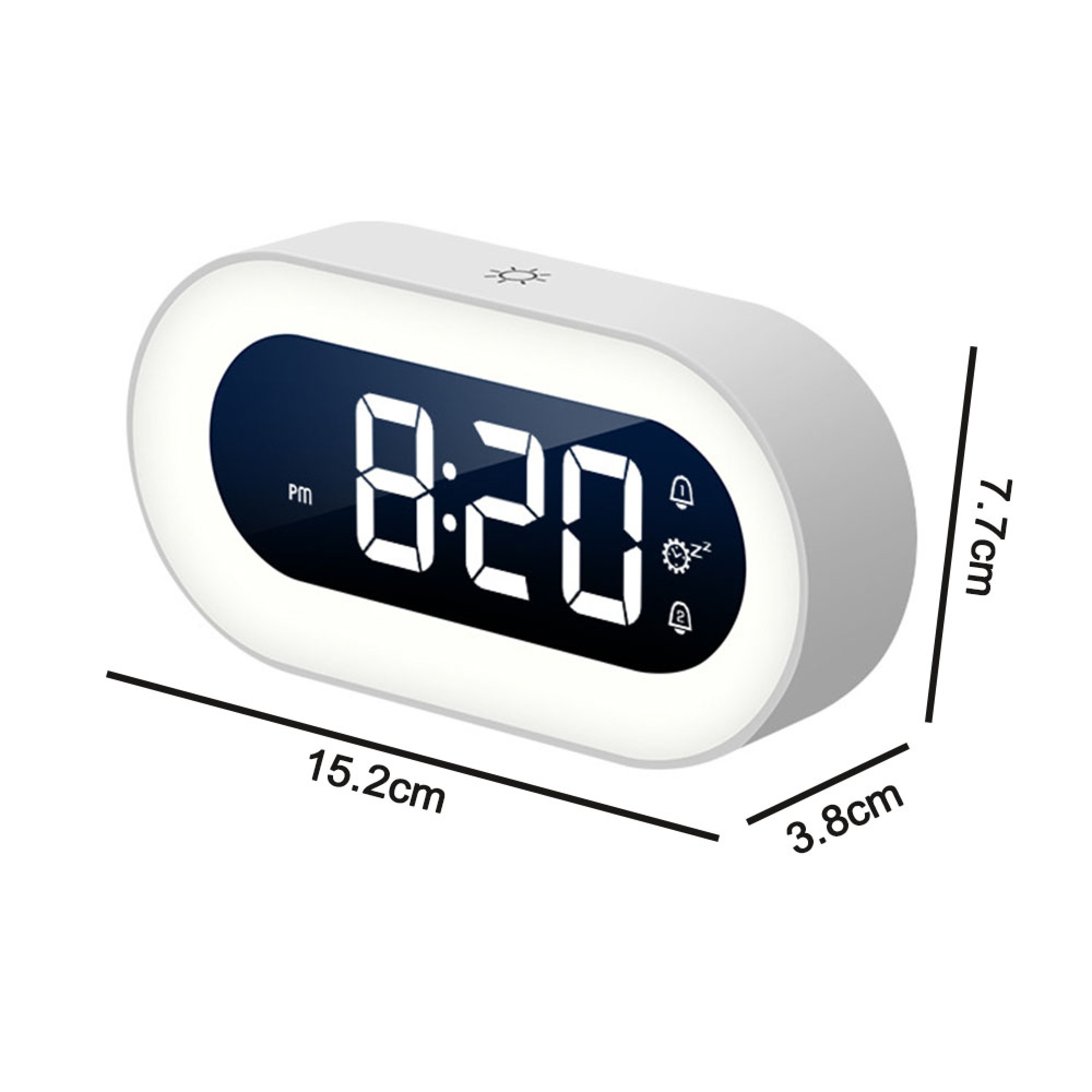 Ein weißer Digitalwecker zeigt 8:20 Uhr an. Maße: 15,2x7,7x3,8cm.