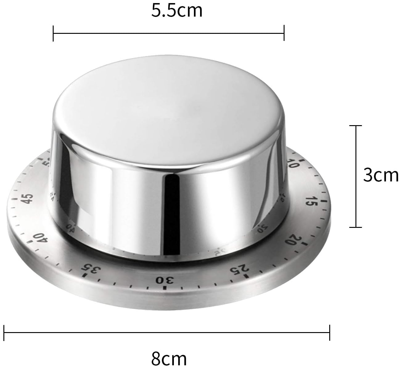 Ein silberner Küchentimer mit einer Skala von 0-60 Minuten. Maße 8x5,5x3cm.