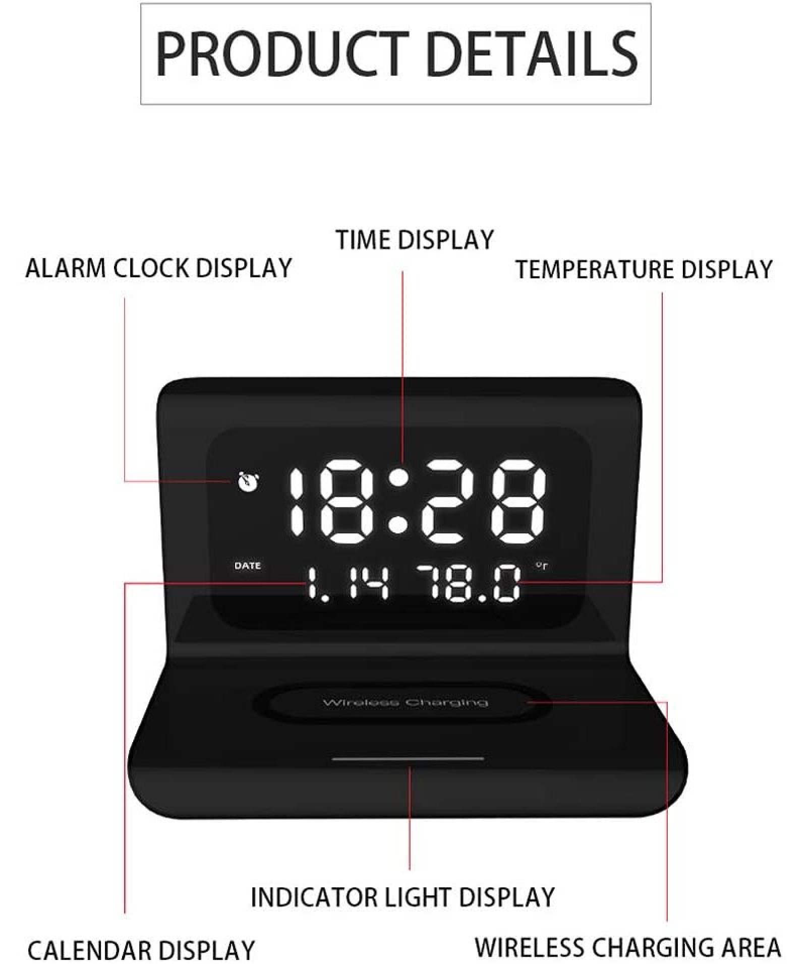 Ein schwarzer digitaler Wecker mit Zeit-, Datums- und Temperaturanzeige.