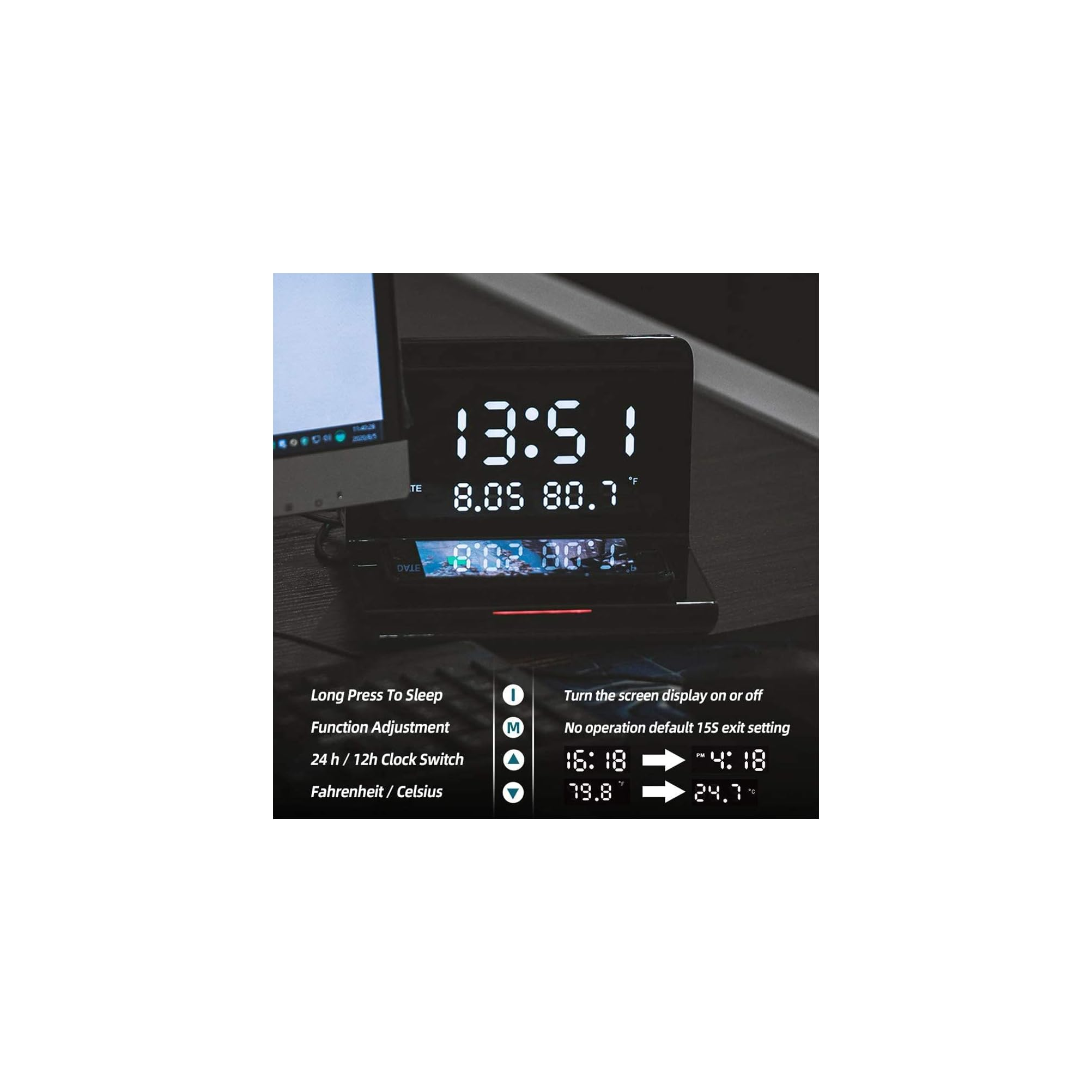 Digitaler Wecker zeigt 13:51 und 8.05 80.7°F. Untermenü mit Einstellungen.
