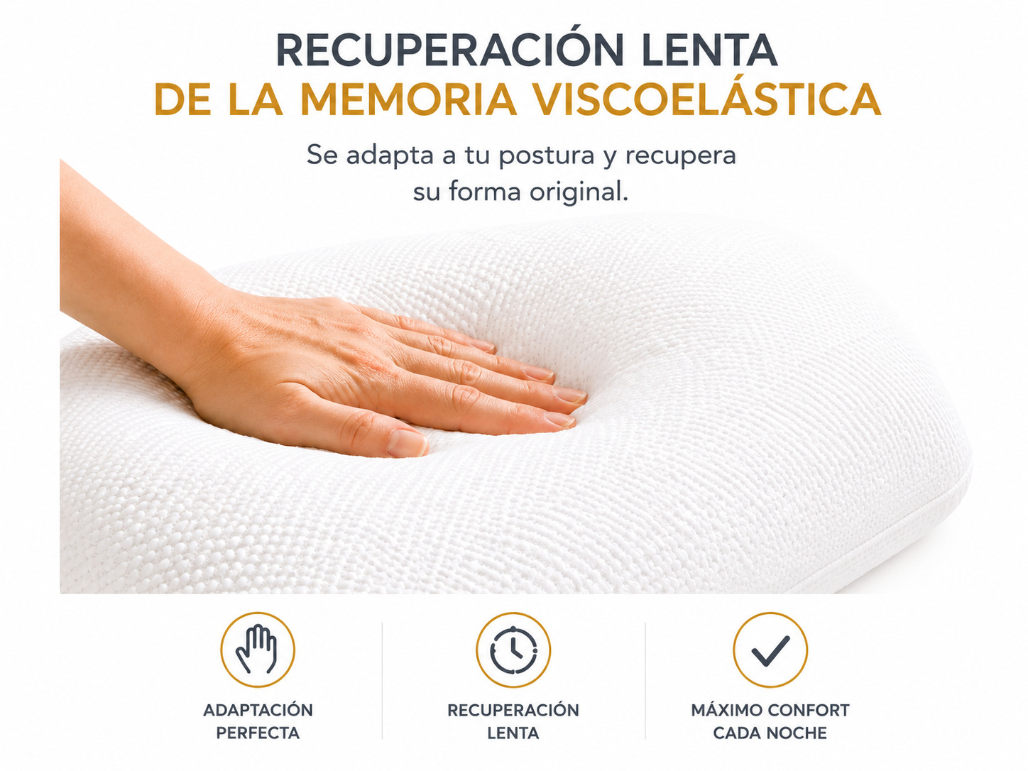Mano presiona almohada blanca. Recuperación lenta de material viscoelástico.