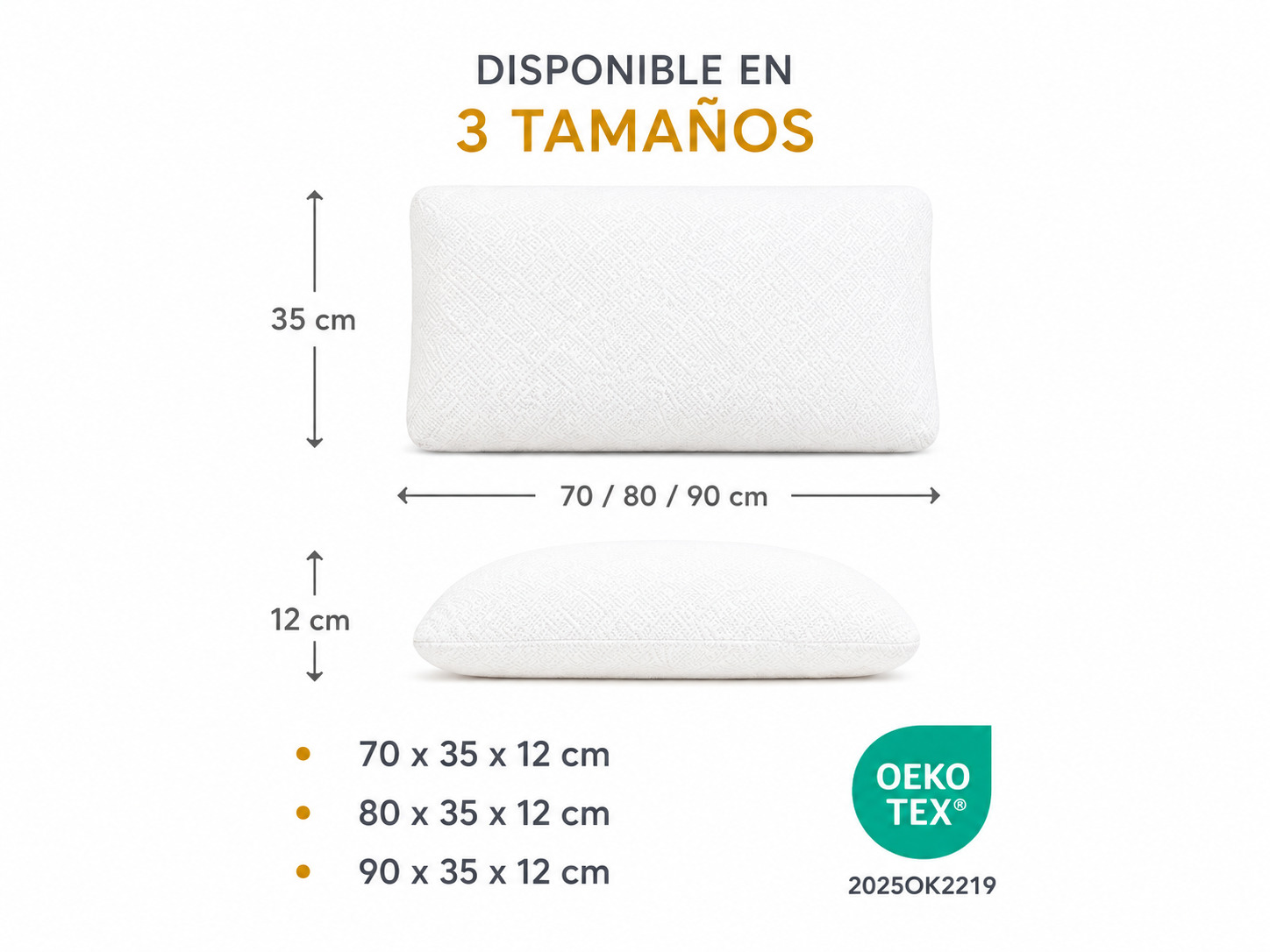 Almohadas blancas con medidas: 35cm alto, 70/80/90cm ancho, 12cm grosor.