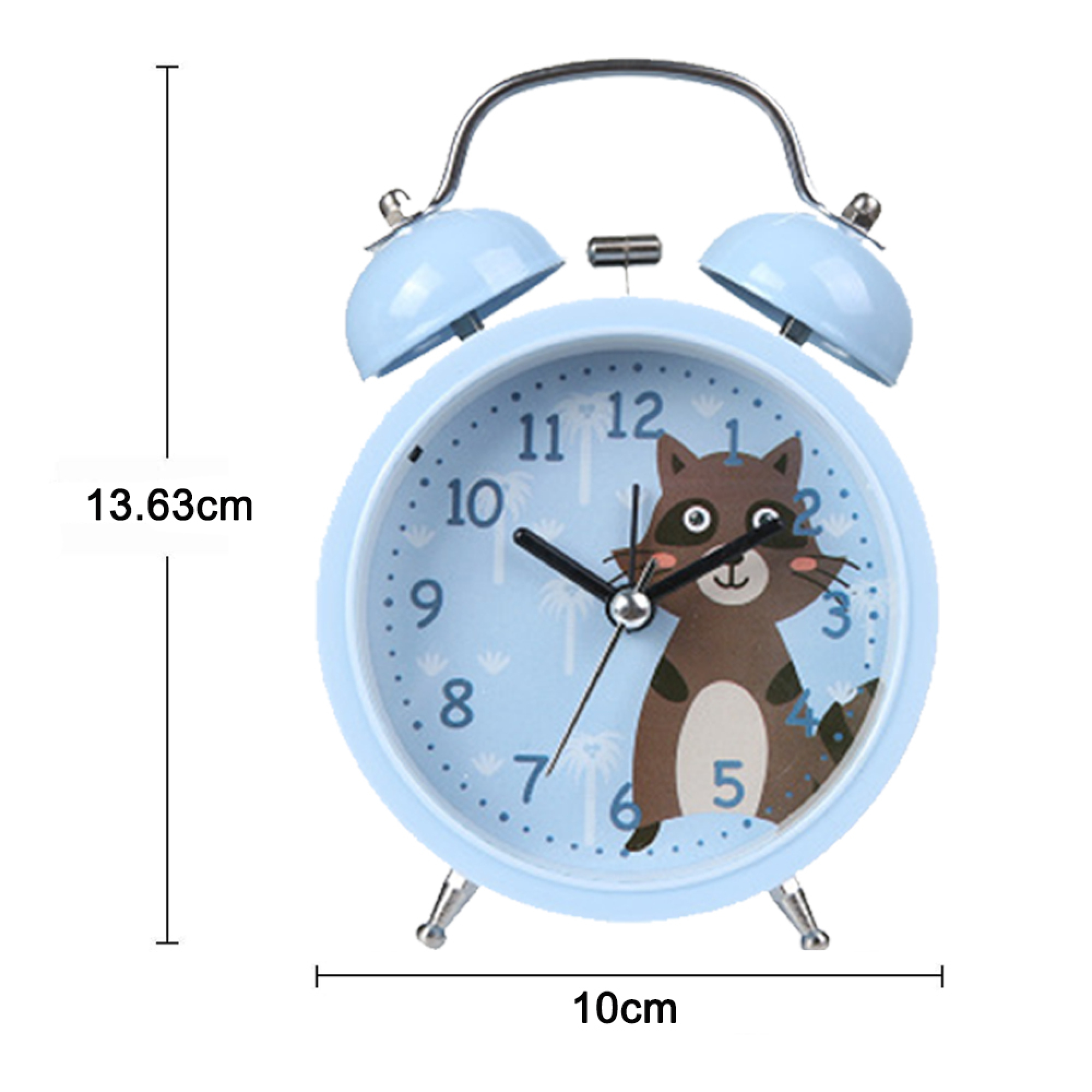 Hellblauer Wecker mit Cartoon-Waschbär-Motiv, silbernen Glocken und Füßen.