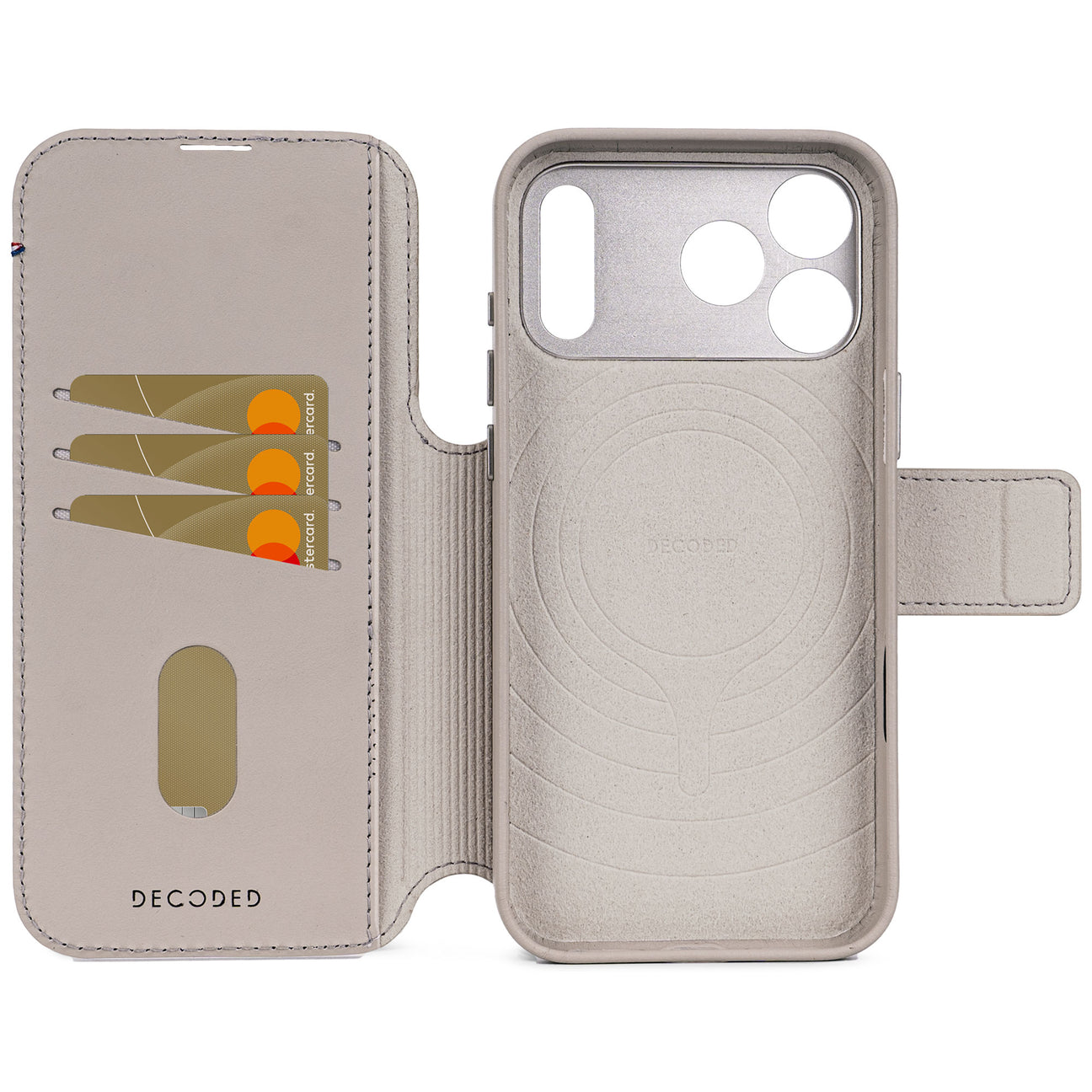 Custodia per telefono grigio chiaro con slot per carte e ritaglio fotocamera.