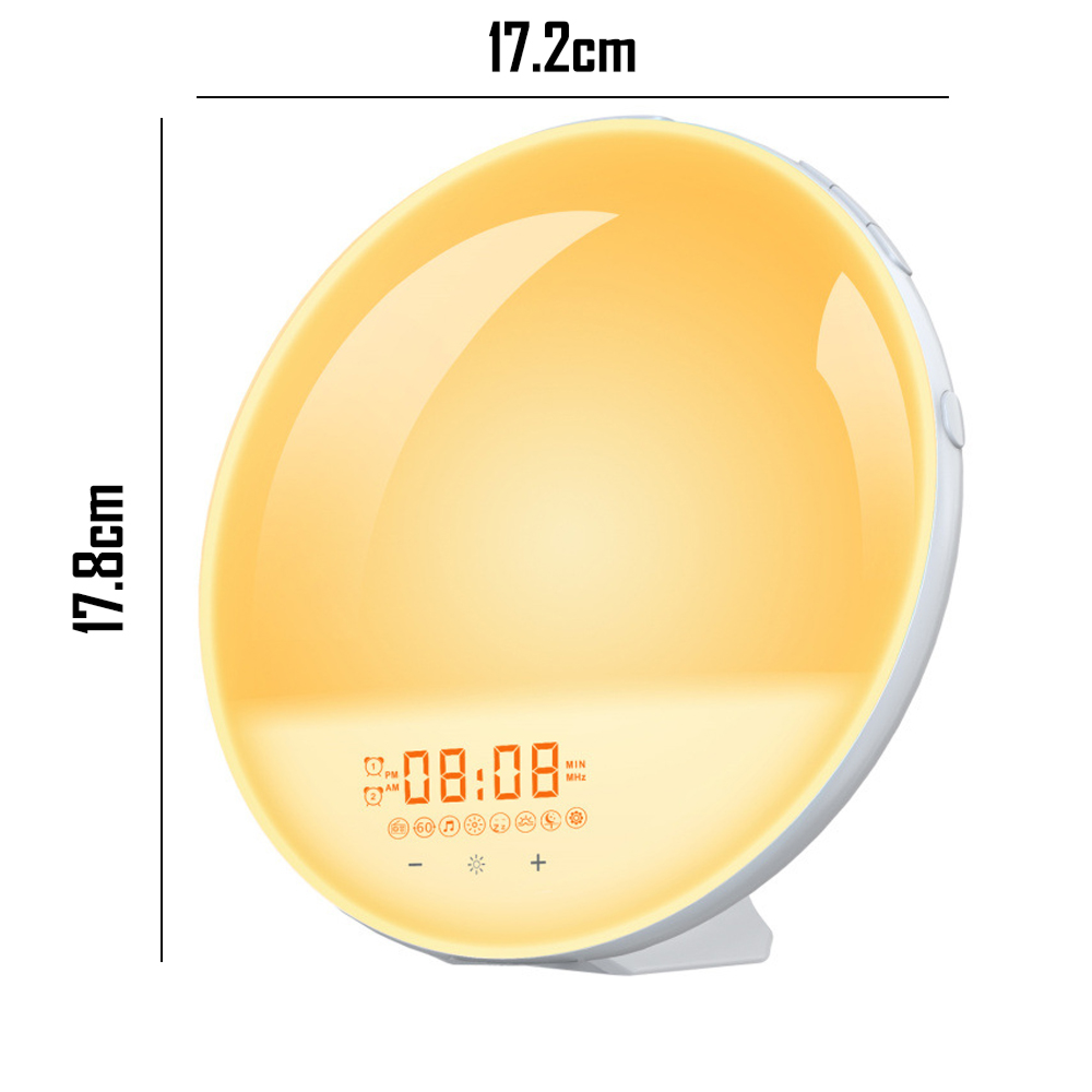 Ein weißer Wecker mit simuliertem Sonnenaufgang und digitaler Zeitanzeige 08:08.