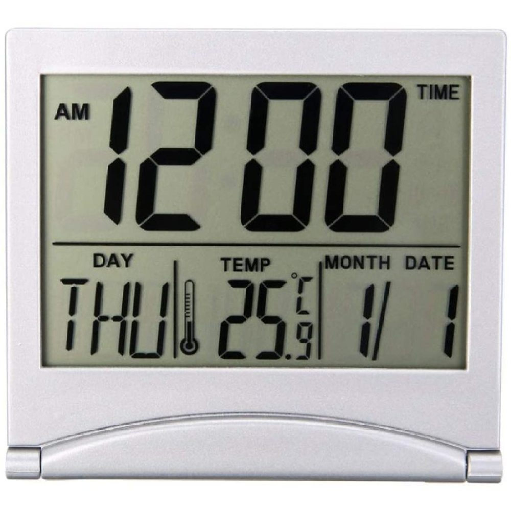 Digitaluhr zeigt 12:00 AM, Donnerstag, 25,9 Grad Celsius und 1/1.