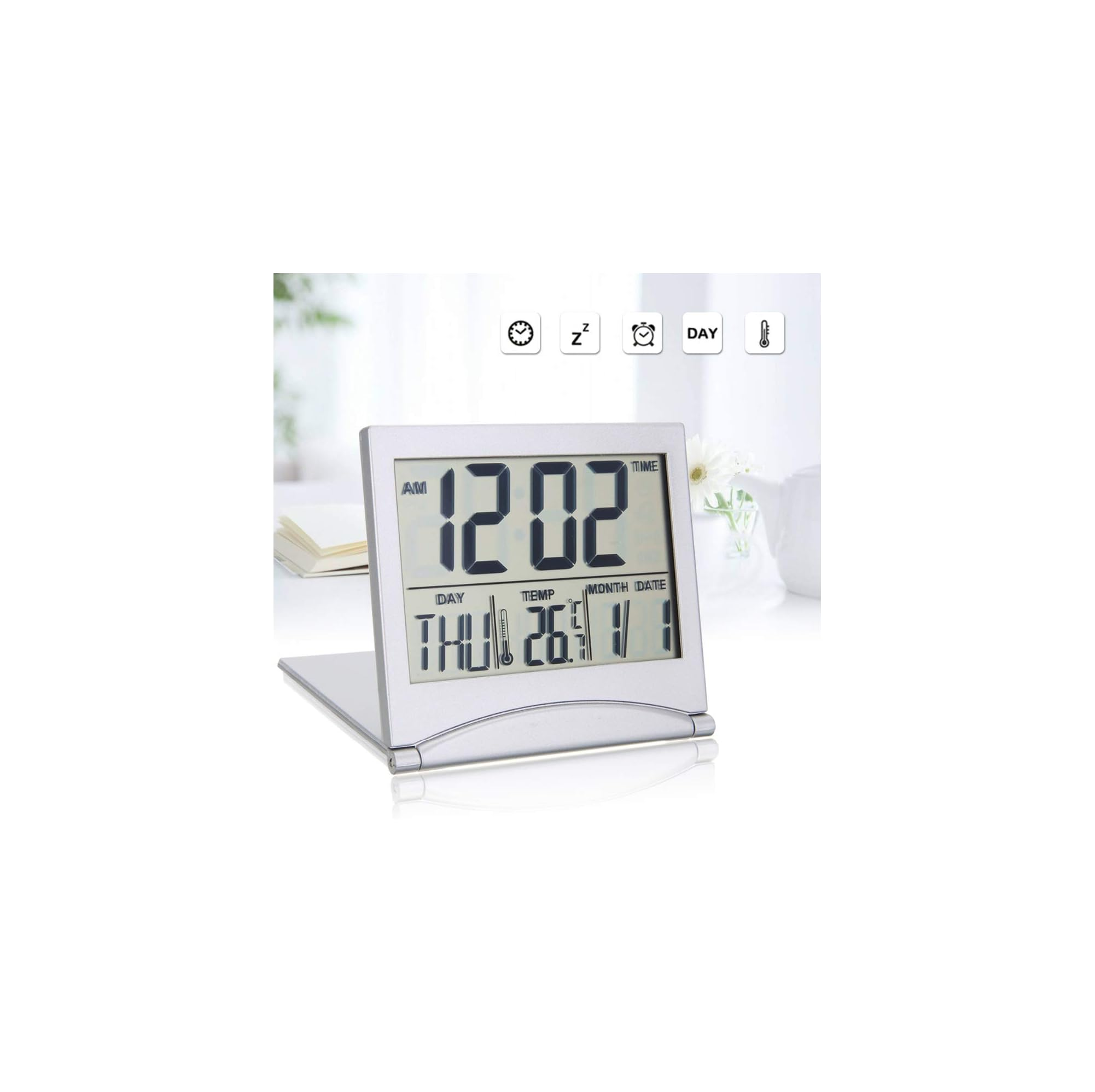 Digitaler Wecker zeigt 12:02 Uhr, Donnerstag, 26. November, 26°C an.