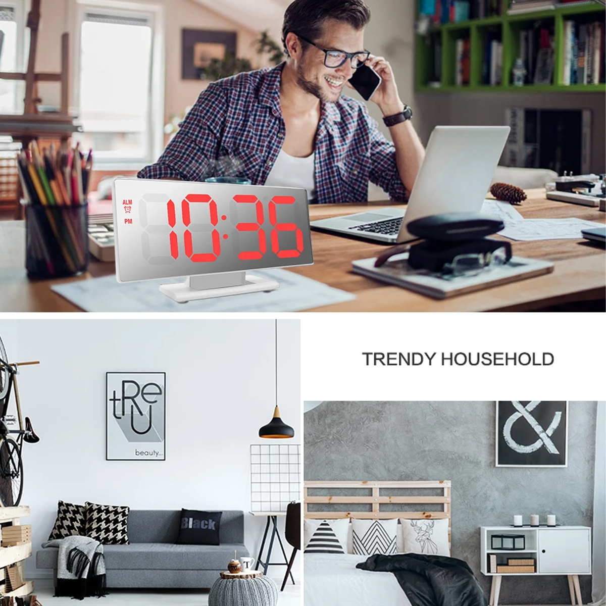 Mann mit Brille telefoniert am Schreibtisch mit Laptop und digitalem Wecker.