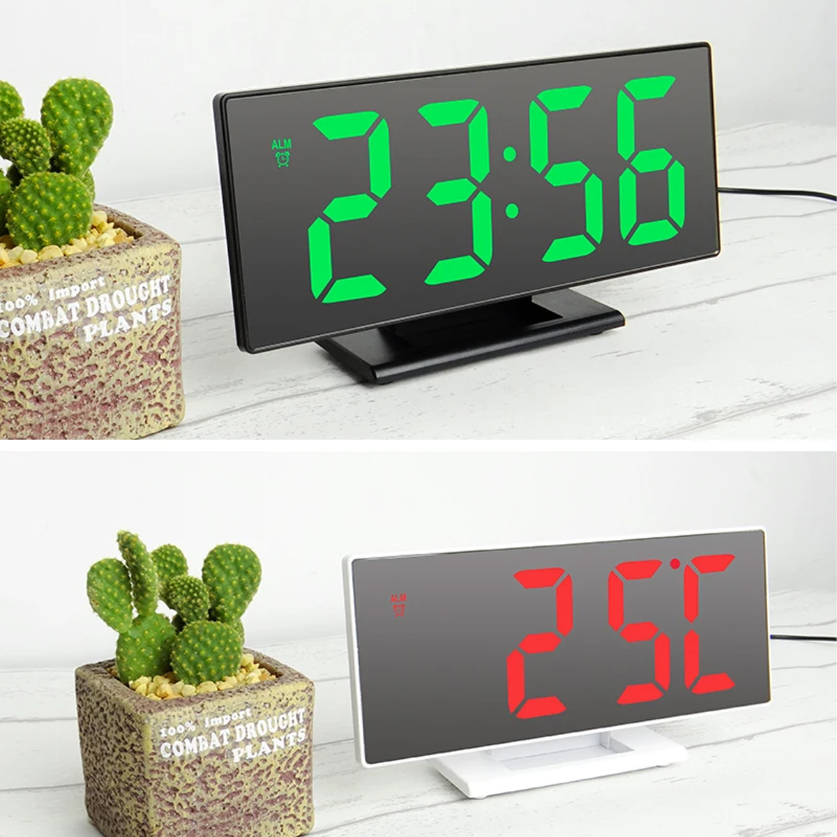 Zwei Digitaluhren, eine schwarze mit grünen Zahlen 23:56 und eine weiße mit roten Zahlen 2:50, neben Topfkakteen.