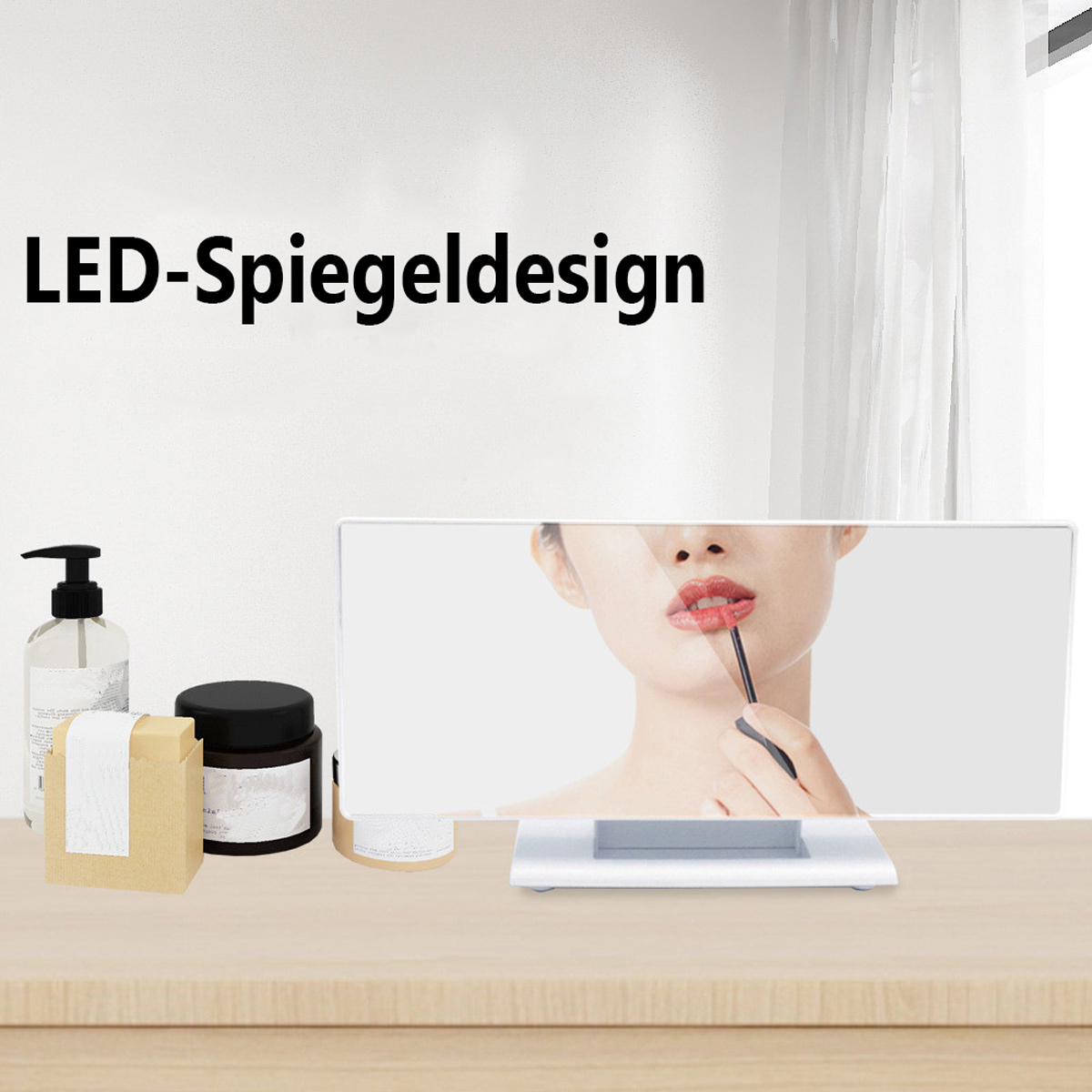 Eine Frau mit roten Lippen benutzt einen Lippenstift vor einem LED-Spiegel.