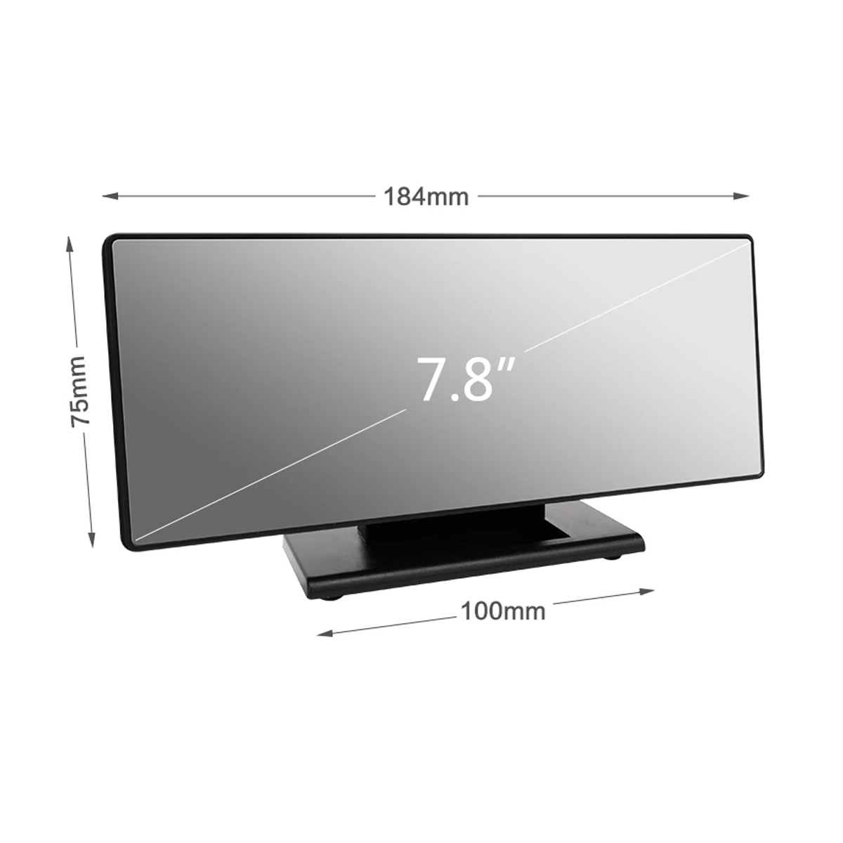 Ein schwarzer 7,8-Zoll-Bildschirm mit Abmessungen von 184x75mm auf einem Ständer.