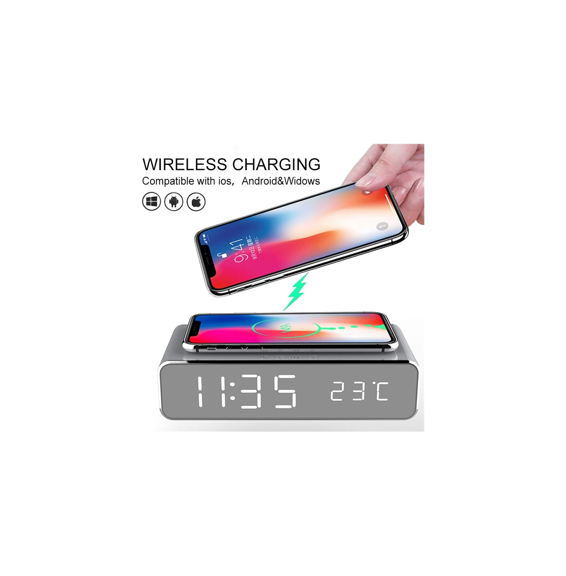 Ein Smartphone wird drahtlos auf einer Ladestation mit digitaler Uhr und Temperaturanzeige geladen.