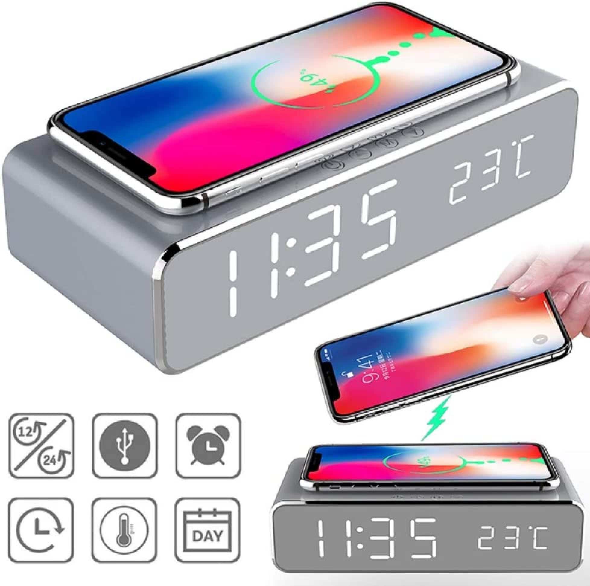 Graue Digitaluhr mit Ladefunktion für Smartphones, zeigt Zeit und Temperatur.