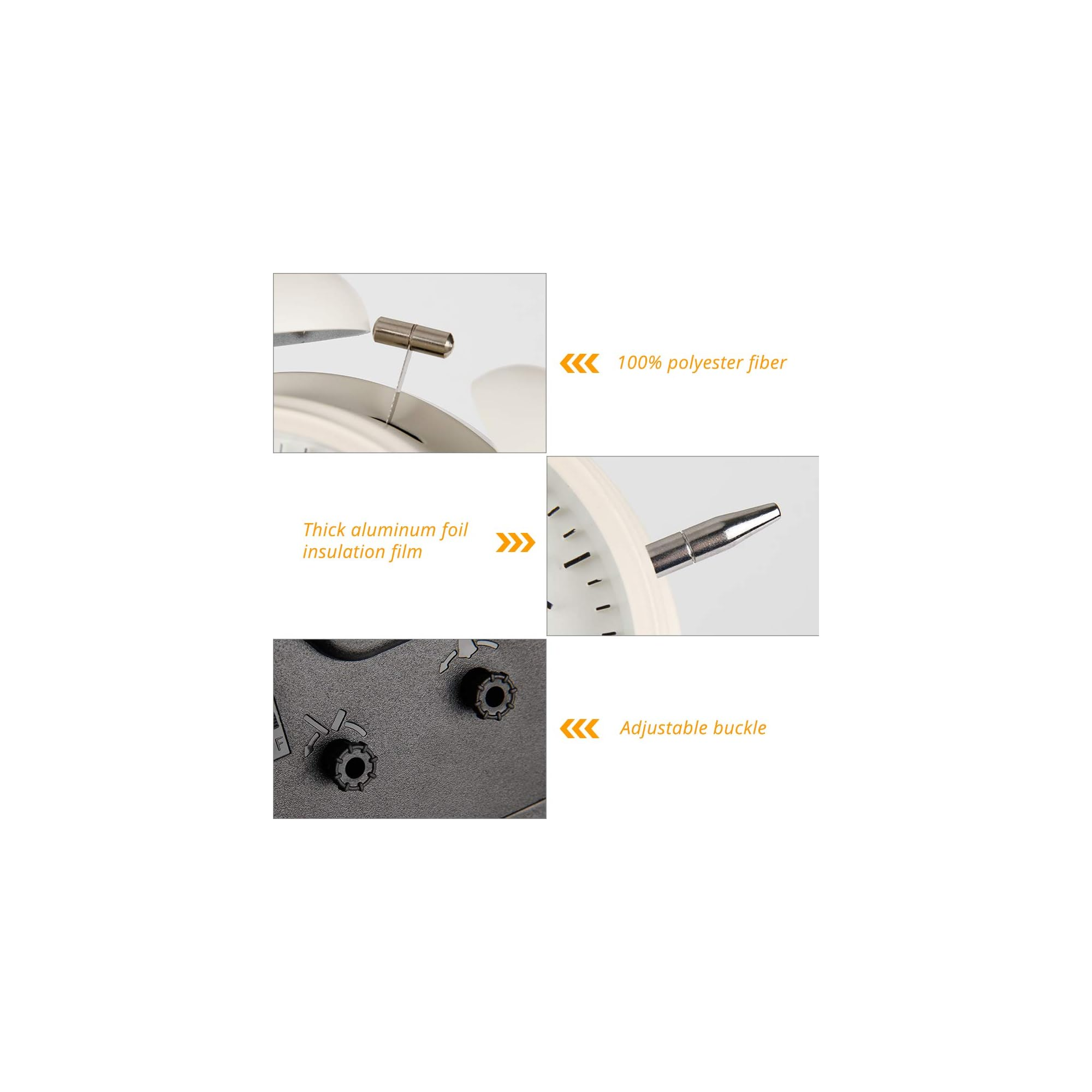 Details von 100% Polyesterfaser, Aluminiumfolie und verstellbarer Schnalle.