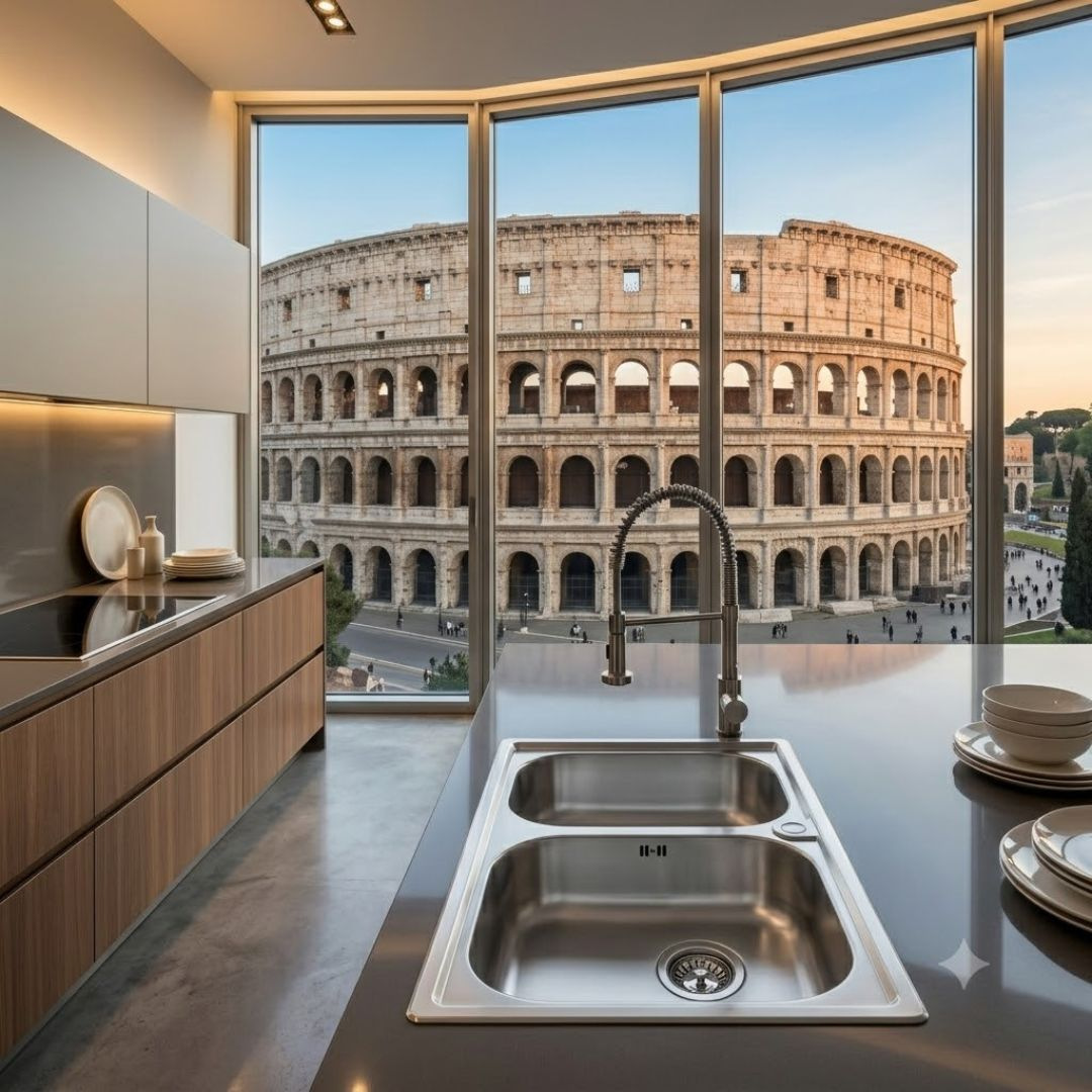 Cucina moderna con doppio lavello, affacciata sul Colosseo di Roma al tramonto.