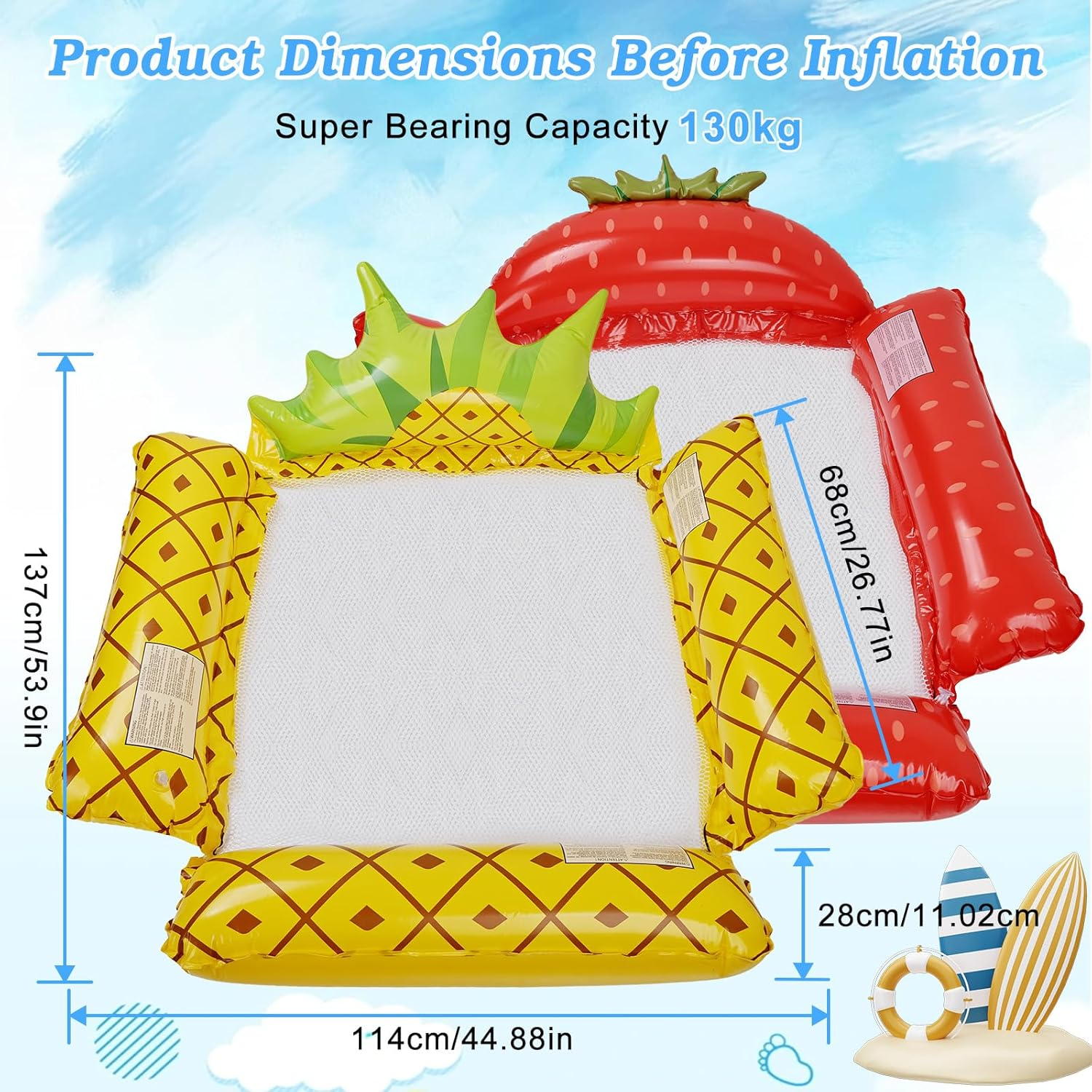 Aufblasbare Schwimmhilfe in Ananas- und Erdbeerform mit Maßangaben.
