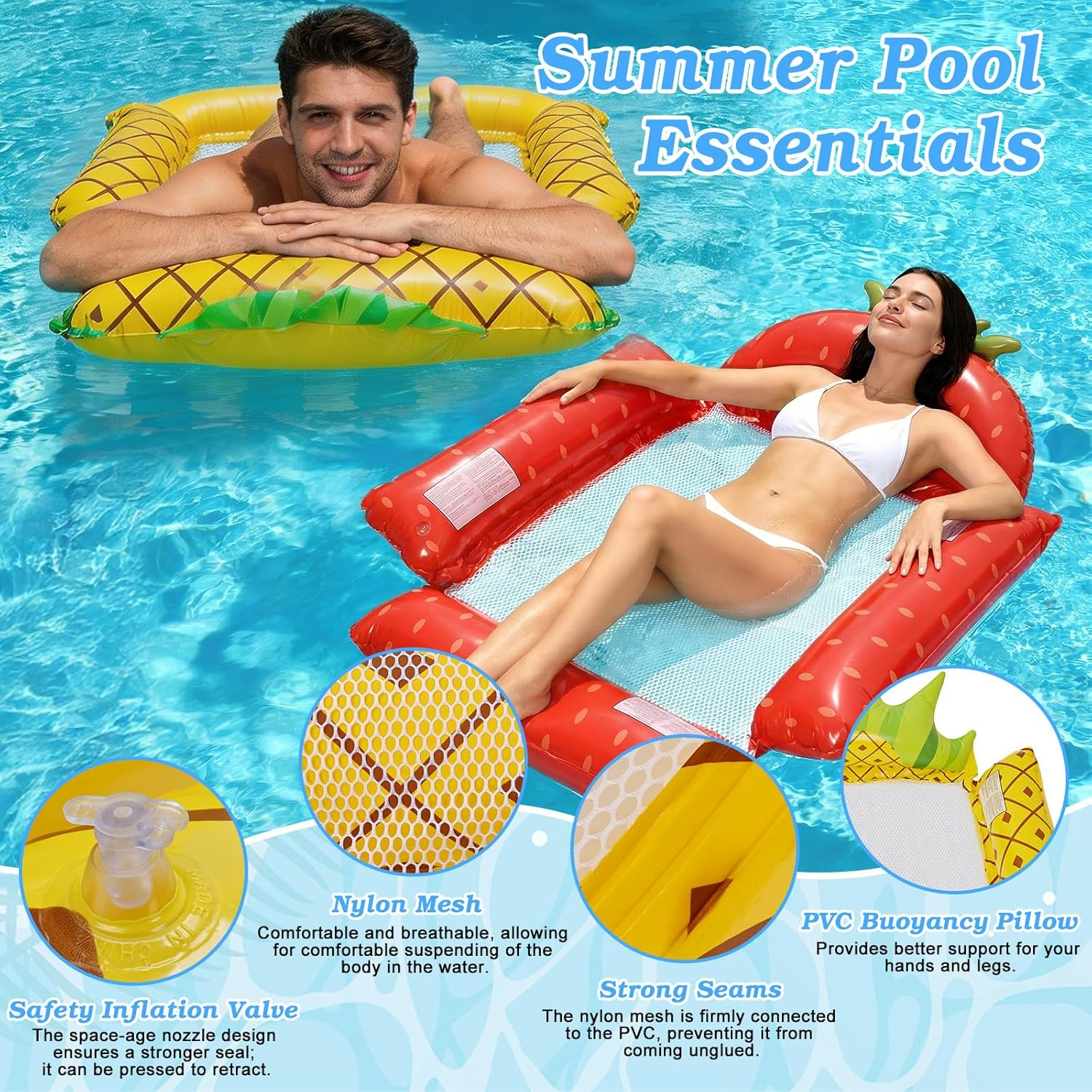 Mann auf Ananas-Schwimminsel, Frau auf Erdbeer-Schwimminsel. Poolzubehör.