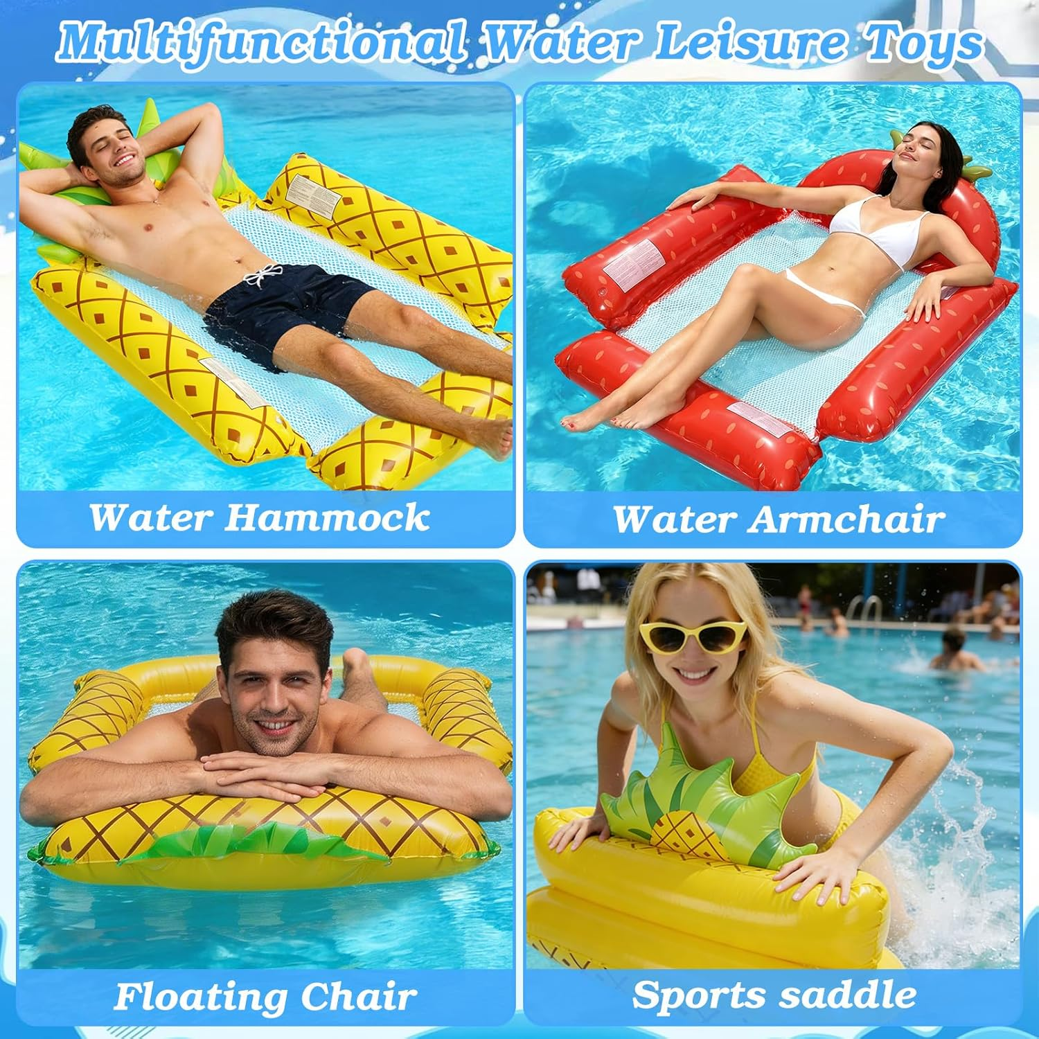 Vier aufblasbare Wasserspielzeuge: Mann auf Ananas-Hängematte, Frau auf Erdbeer-Sessel, Mann auf Ananas-Liege, Frau auf Ananas-Sattel.