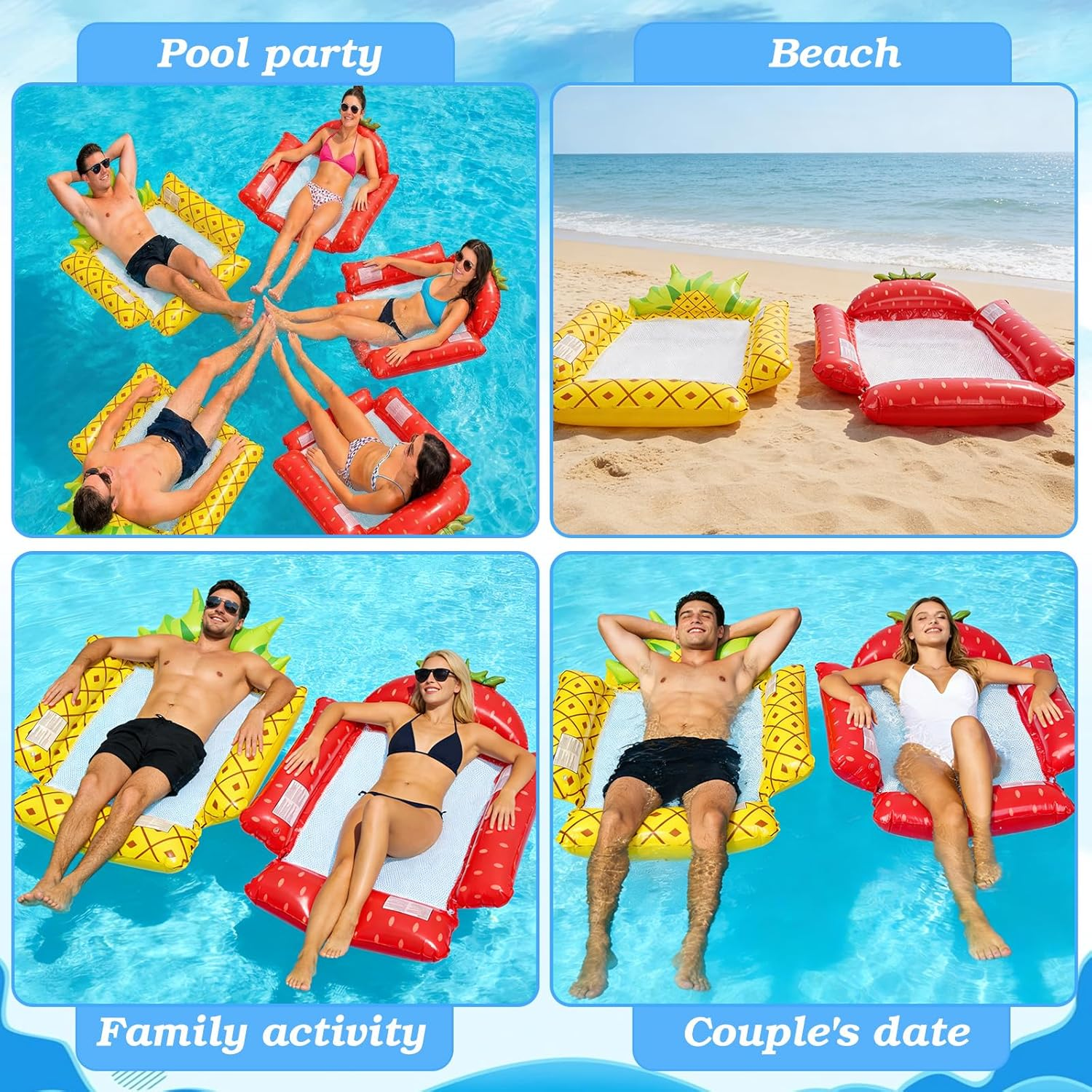 Vier Szenen zeigen aufblasbare Poolschwimmer: Leute im Pool, Schwimmer am Strand, Familie im Pool, Paar im Pool.