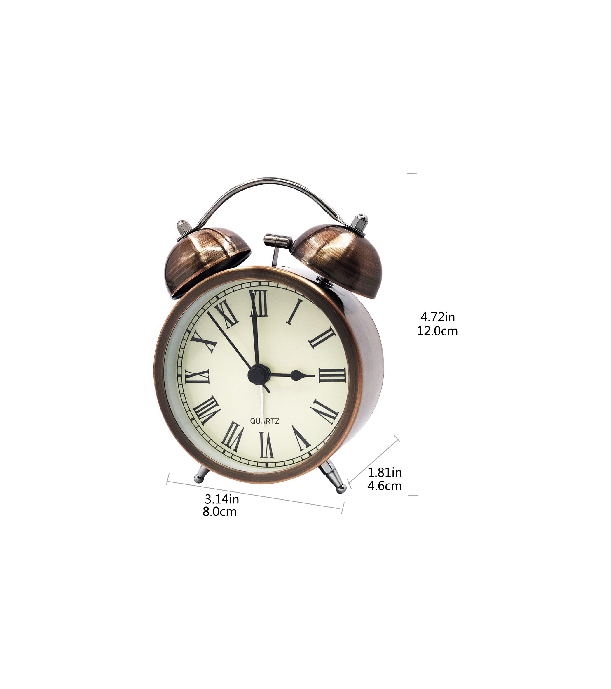 Eine kupferfarbene Weckeruhr mit römischen Ziffern und zwei Glocken.