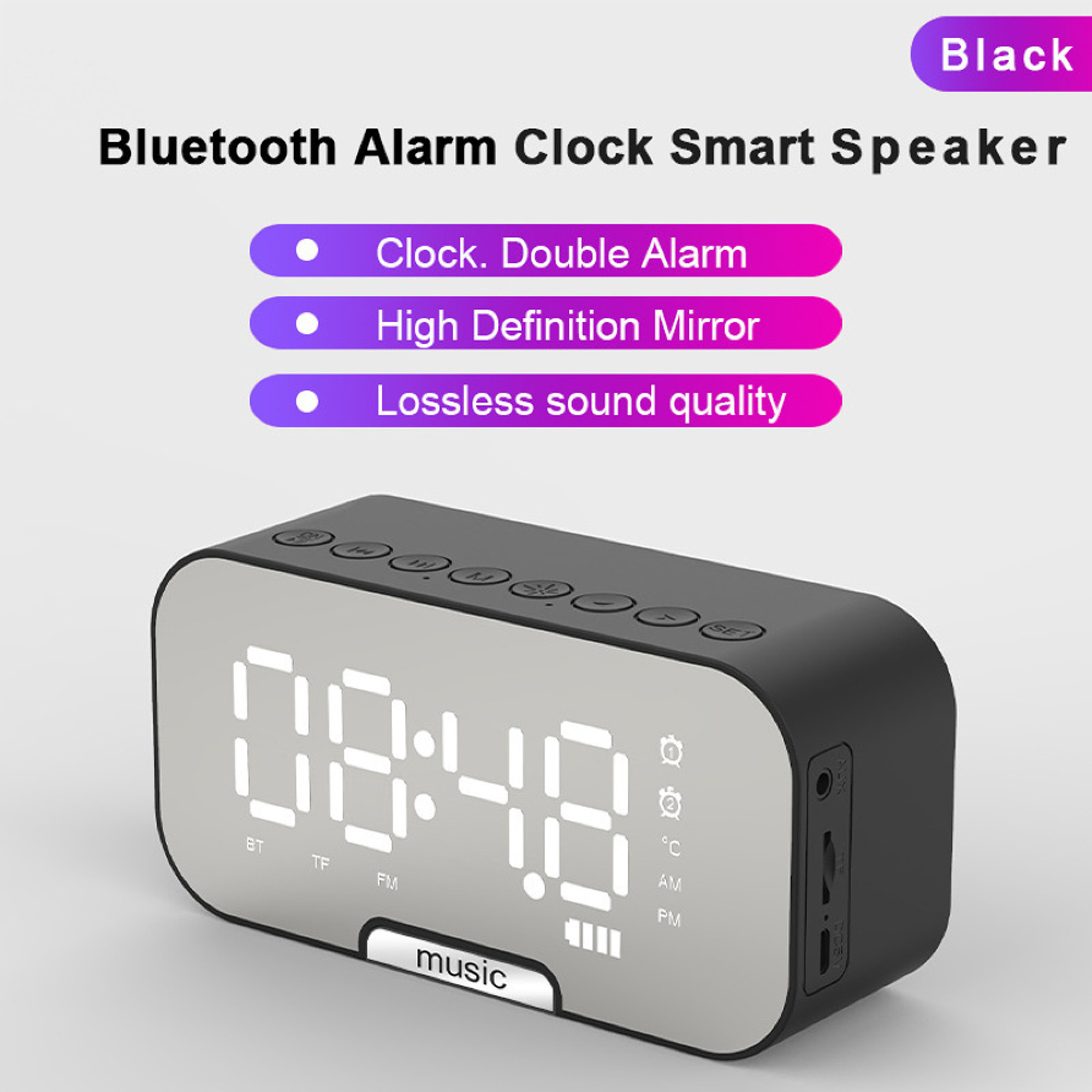 Schwarzer Bluetooth-Lautsprecher mit Spiegel-Display und Uhrzeit 08:48.
