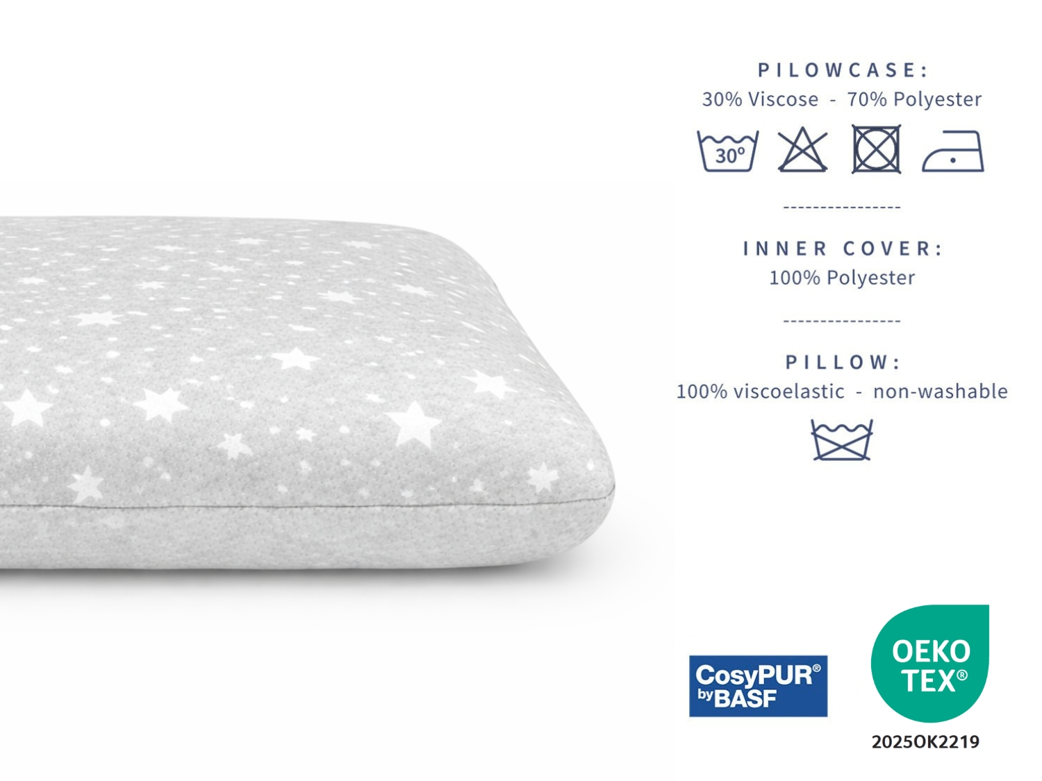 Almohada gris con estrellas blancas e instrucciones de cuidado.