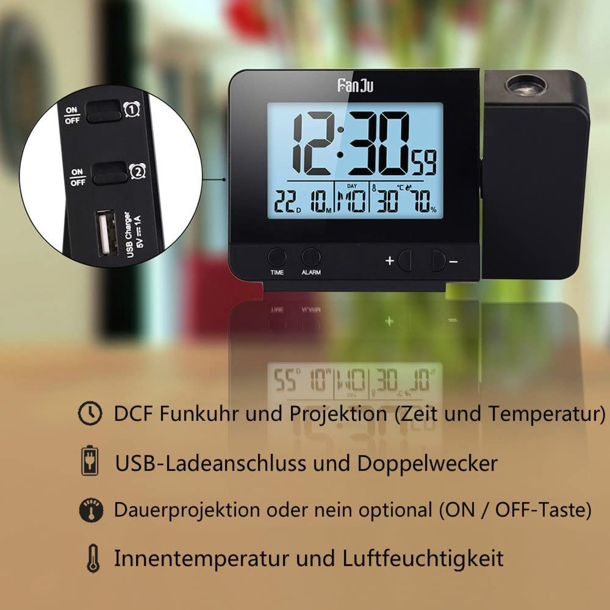 Digitaluhr mit Projektion, Datum, Temperatur, Luftfeuchtigkeit und USB-Anschluss.