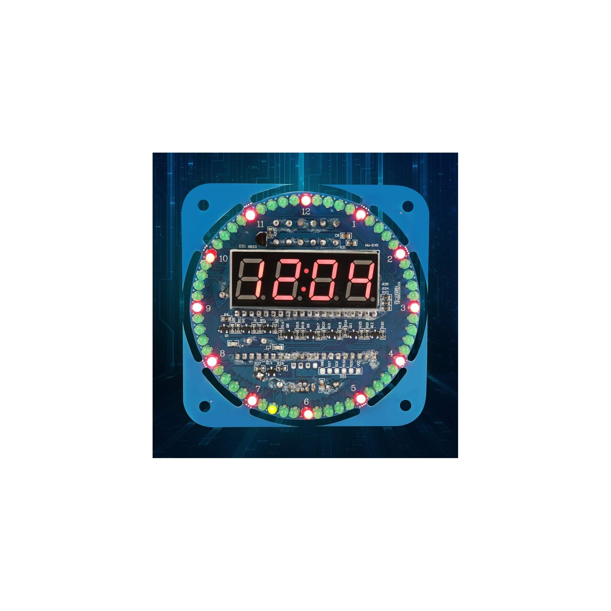 Eine blaue Platine mit roten und grünen LEDs und einem digitalen Display, das 18:8.8 anzeigt.