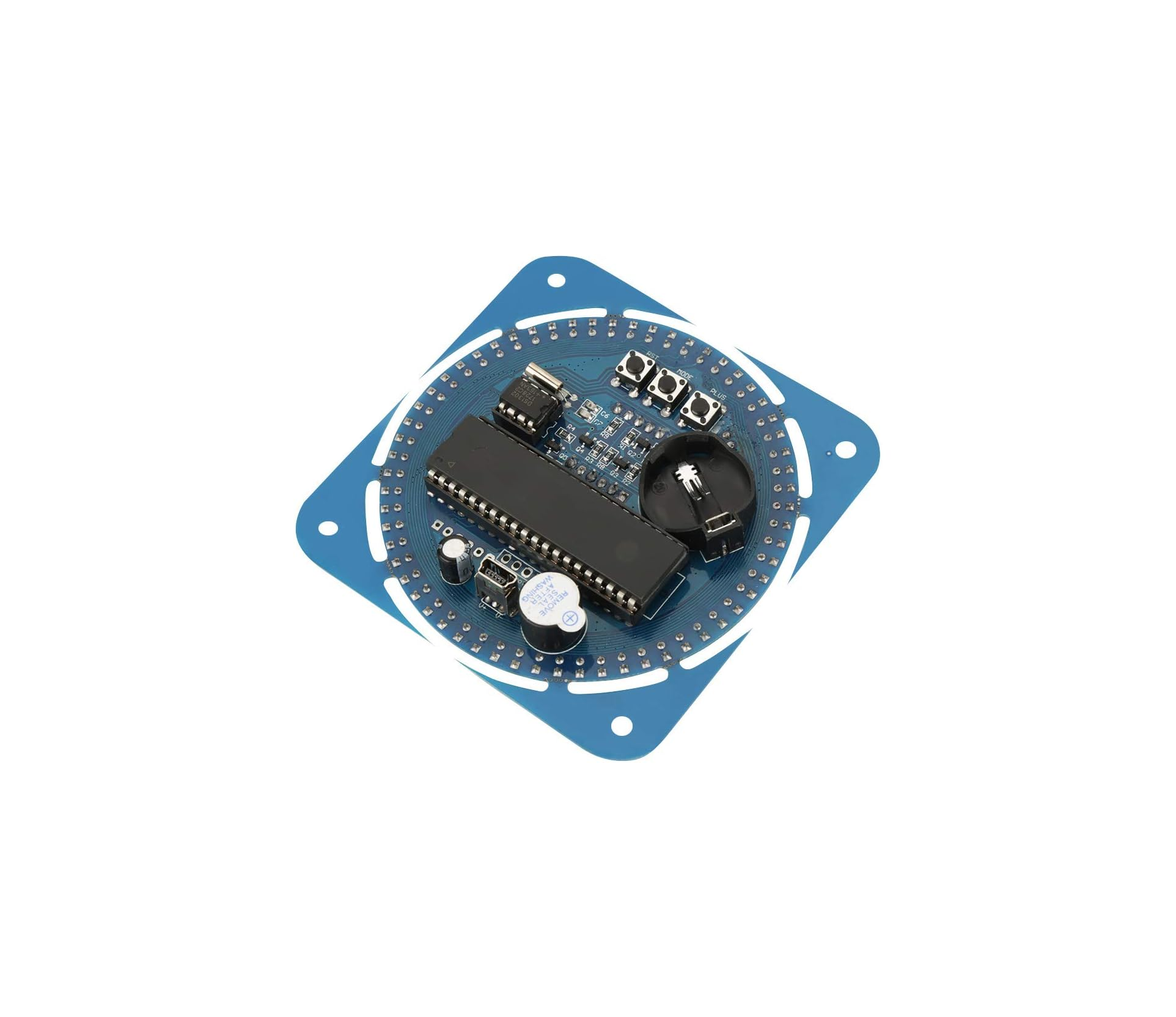 Eine blaue Platine mit Mikrocontroller, Knopfzellenhalter und Tasten.