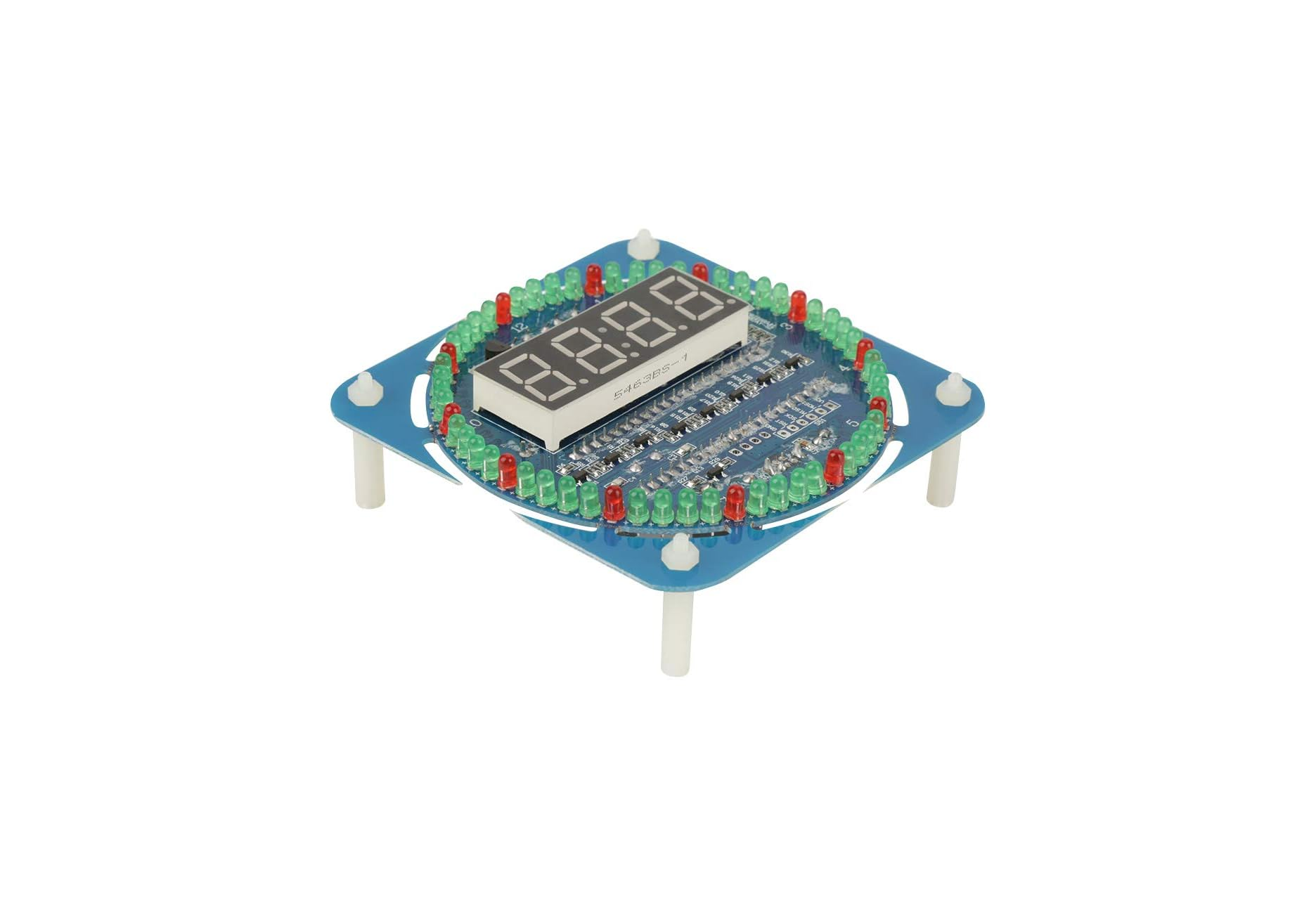 Eine blaue Platine mit einem 4-stelligen Display und roten/grünen LEDs.