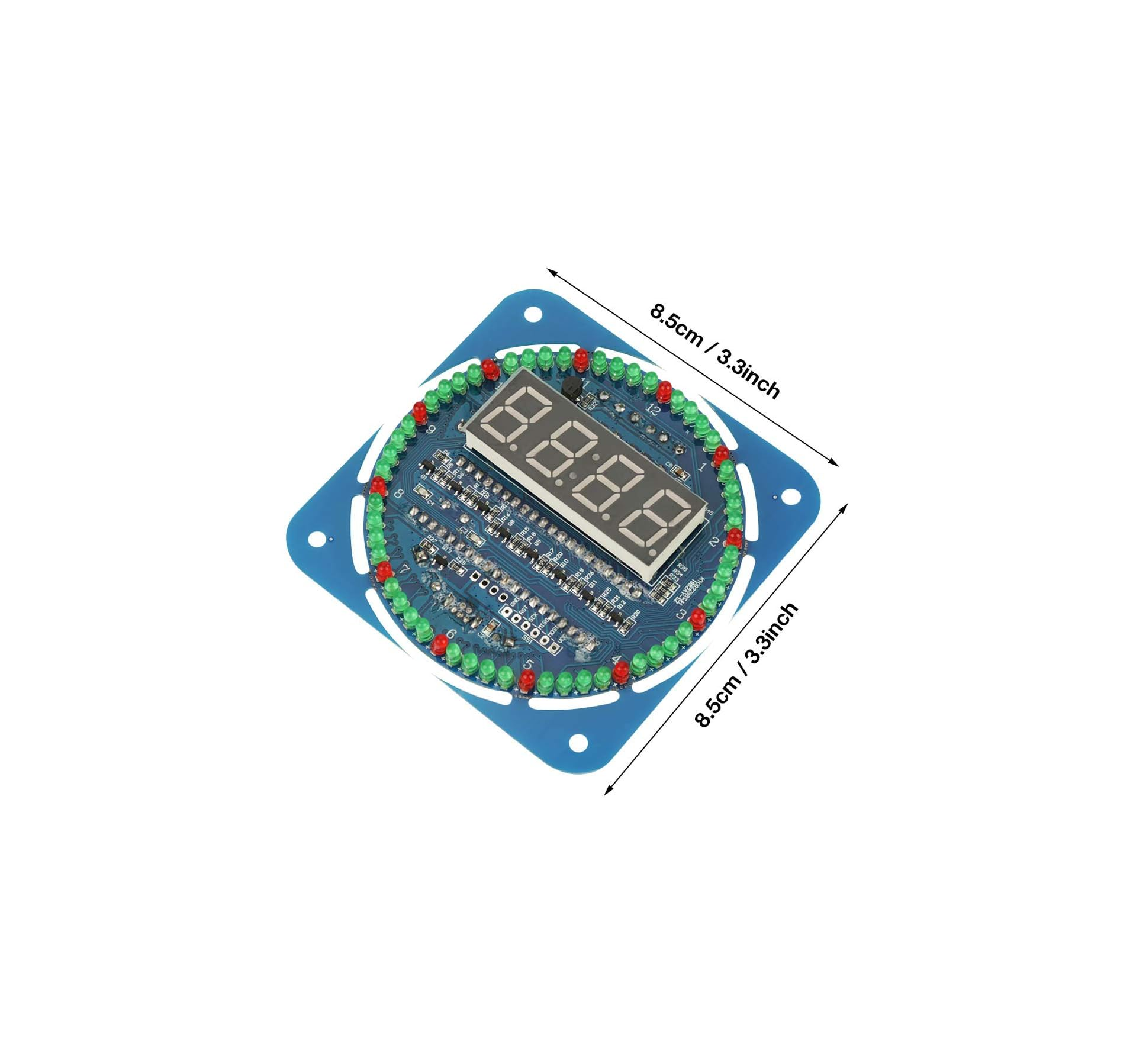 Eine blaue Platine mit einem 4-stelligen Display, umgeben von roten und grünen LEDs.