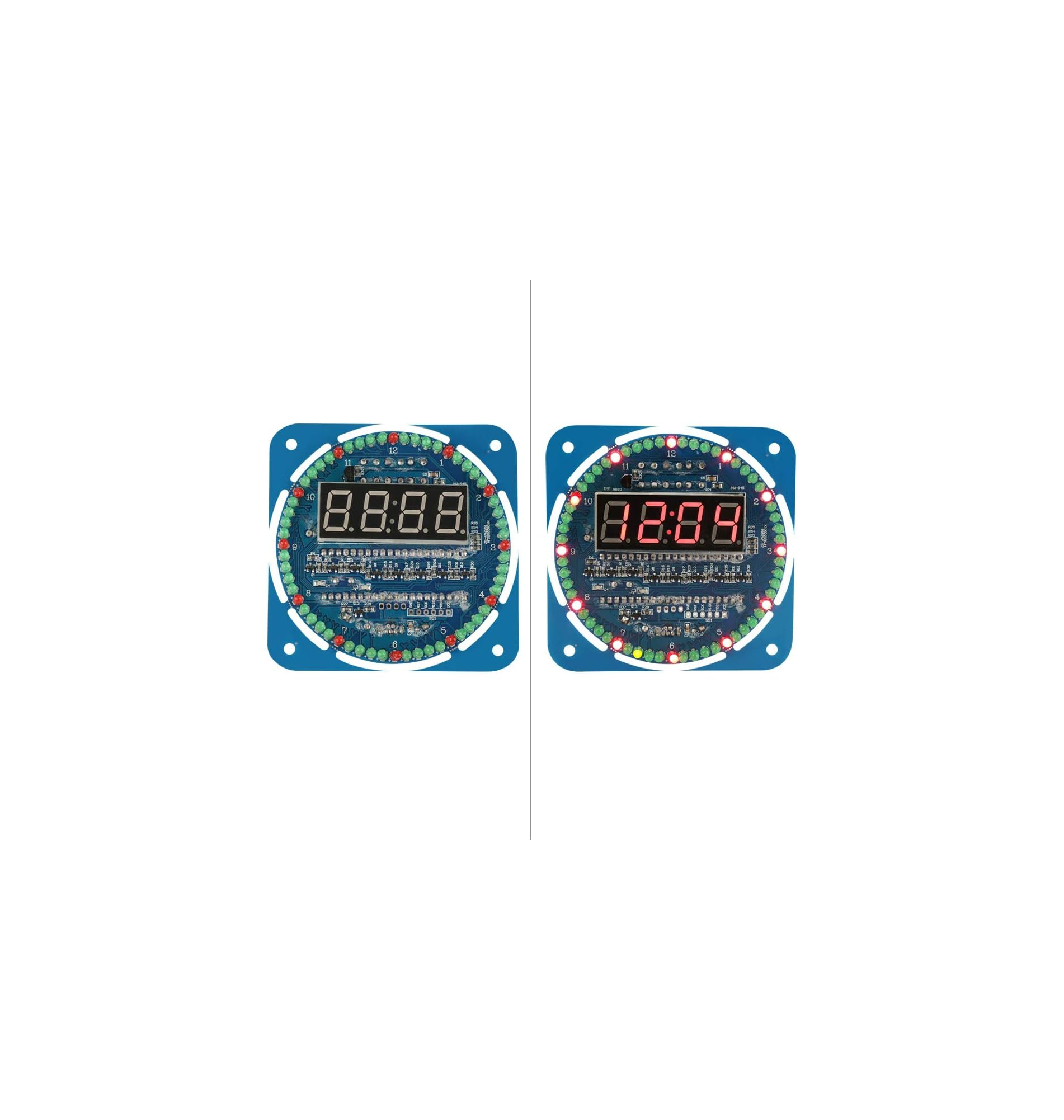 Zwei blaue Leiterplatten mit roten und grünen LEDs und digitalen Displays.