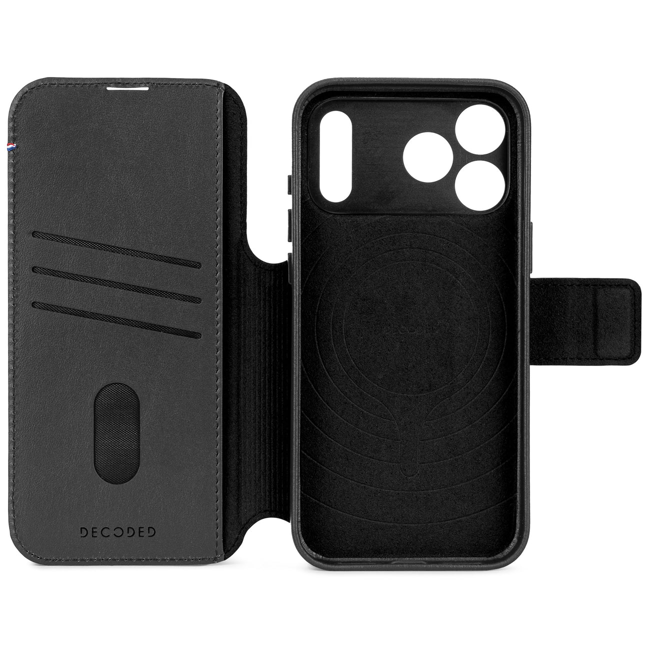 Custodia per telefono in pelle nera con slot per carte e chiusura a scatto.