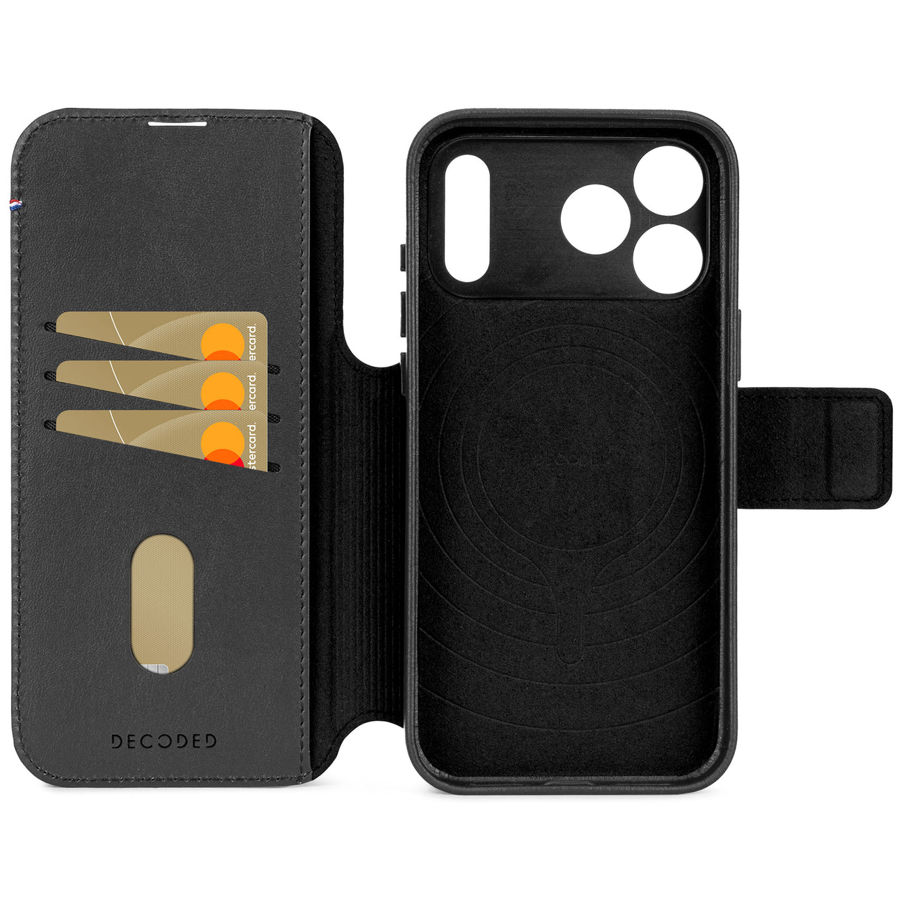 Custodia nera a flip per telefono con slot per schede e uno slot per fotocamera.