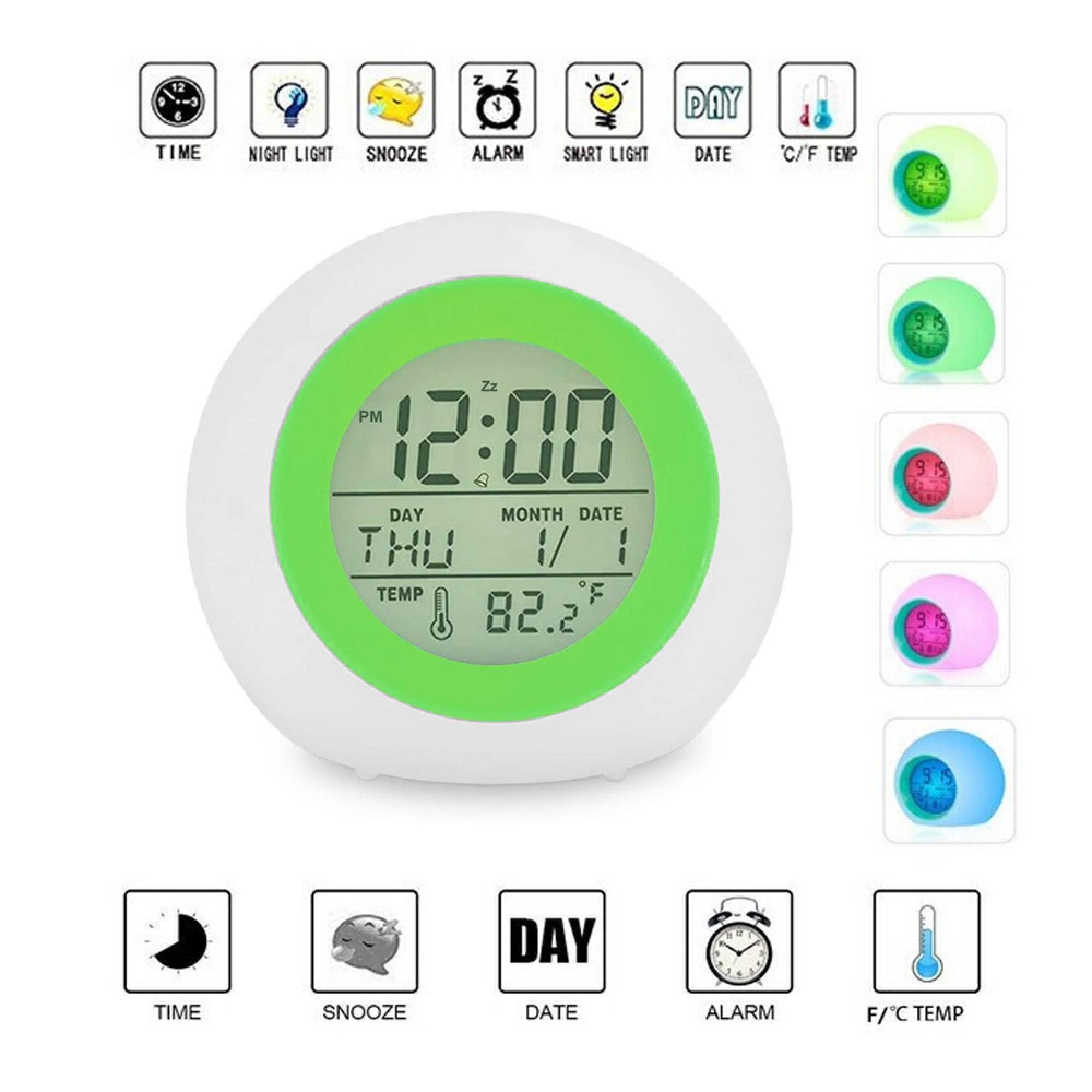 Ein weißer Wecker mit grünem Ring zeigt 12:00 Uhr, Datum und Temperatur.