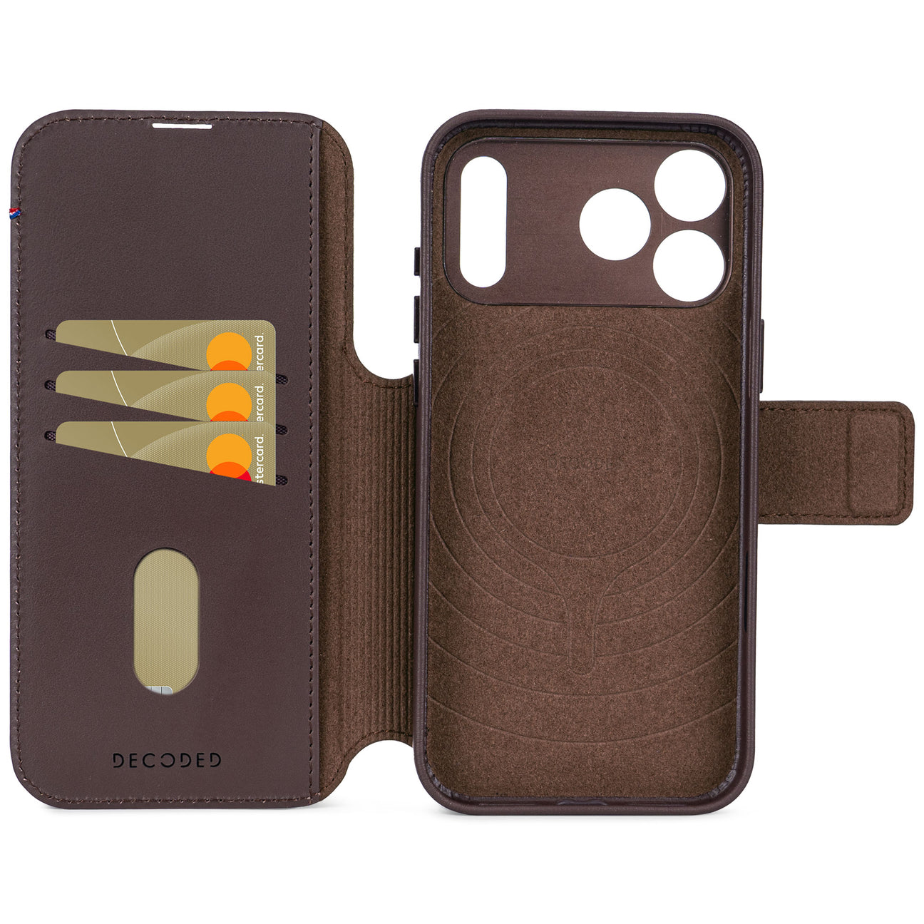 Custodia a portafoglio in pelle marrone con slot per carte e supporto.