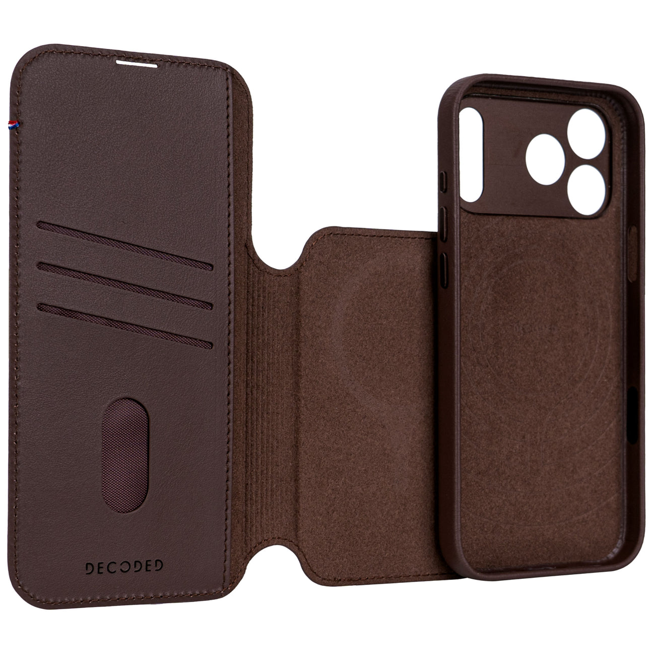 Custodia in pelle marrone per iPhone con slot per carte e ritaglio fotocamera.