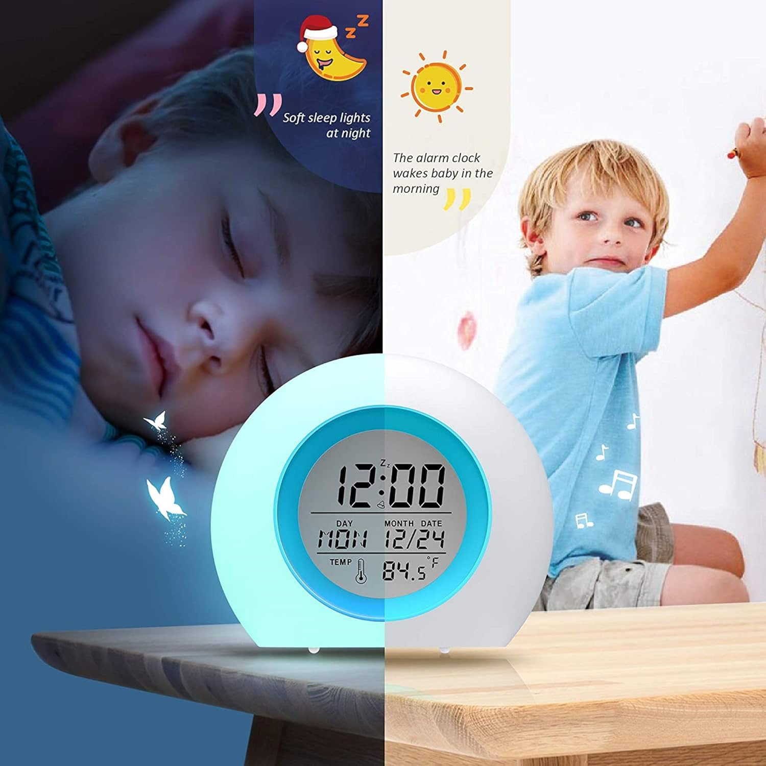 Ein Kind schläft, während ein Nachtlicht leuchtet; daneben ein Junge, der malt. Ein digitaler Wecker zeigt 12:00 an.